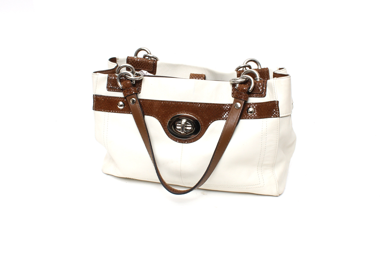 Classic Cream and Croc Embossed Leather Coach Handbag