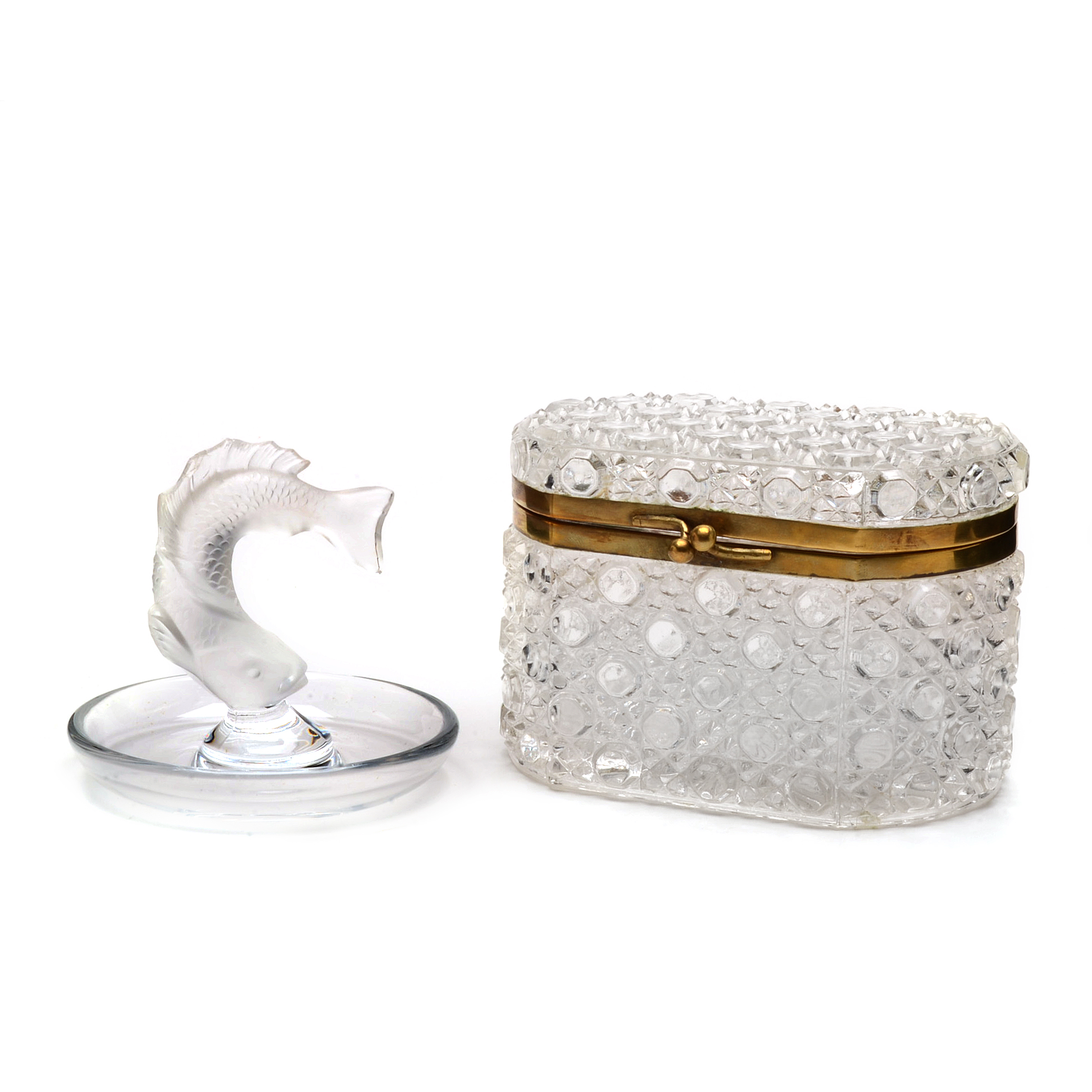 Signed Lalique "Leaping Fish" Ring Dish and Hinged Glass Box