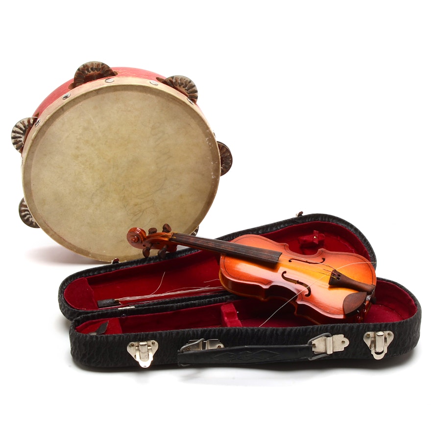Vintage Tambourine and Miniature Violin