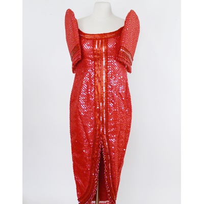 Rene B. Salud Red Sequin Terno Evening Dress