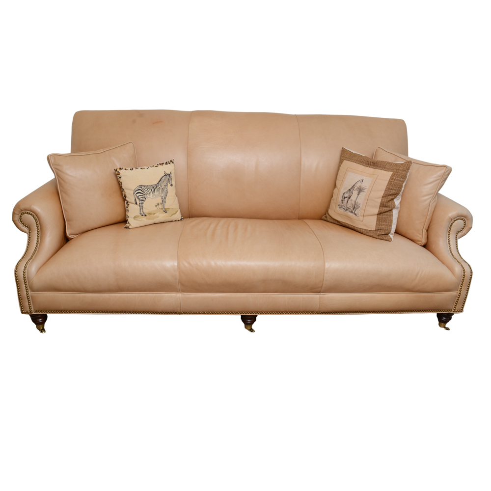 Studded Beige Leather Couch