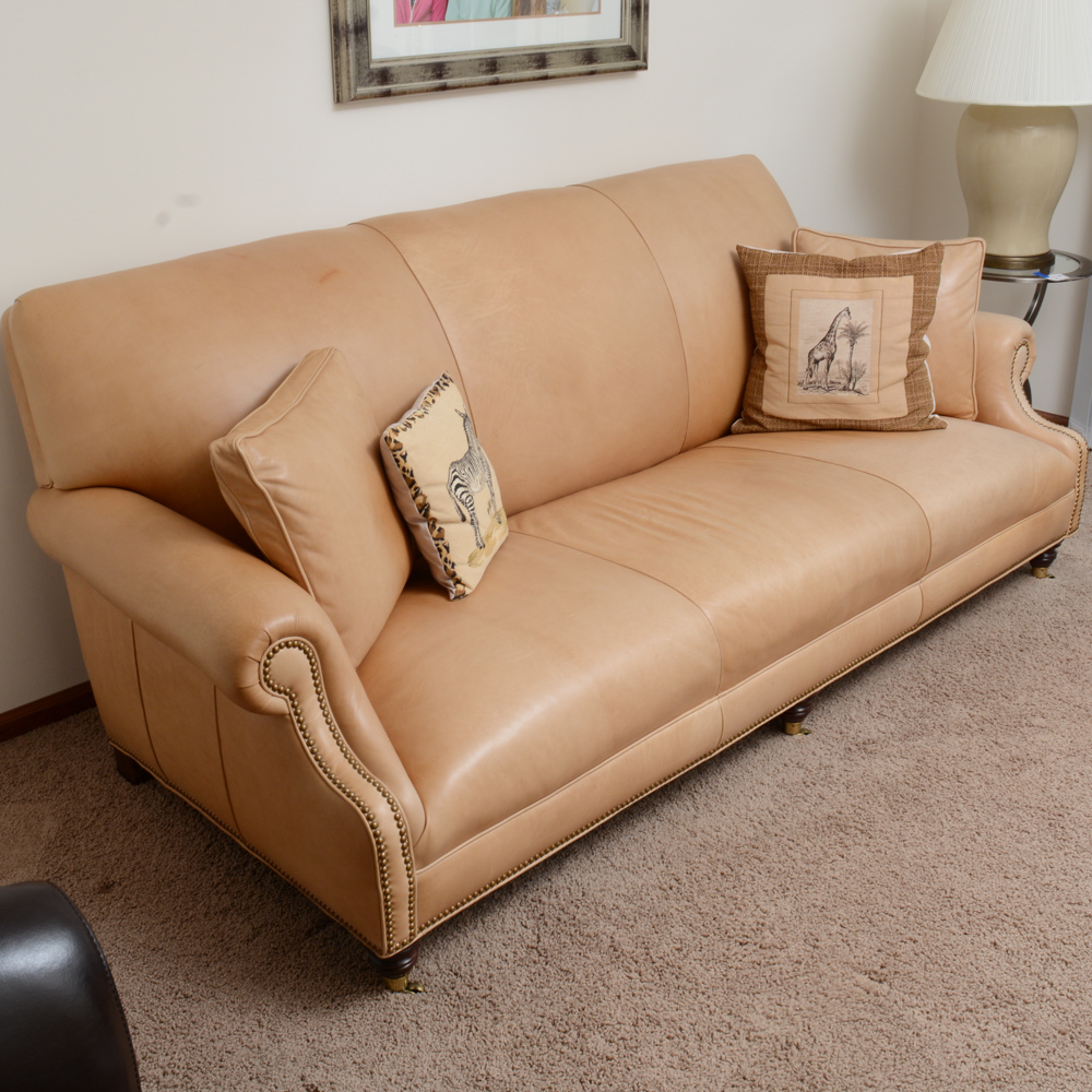 Studded Beige Leather Couch