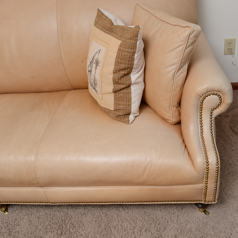 Studded Beige Leather Couch