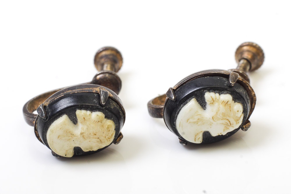 Vintage Sterling and Cameo Pendant and Gold Plated Sterling Cameo Earrings
