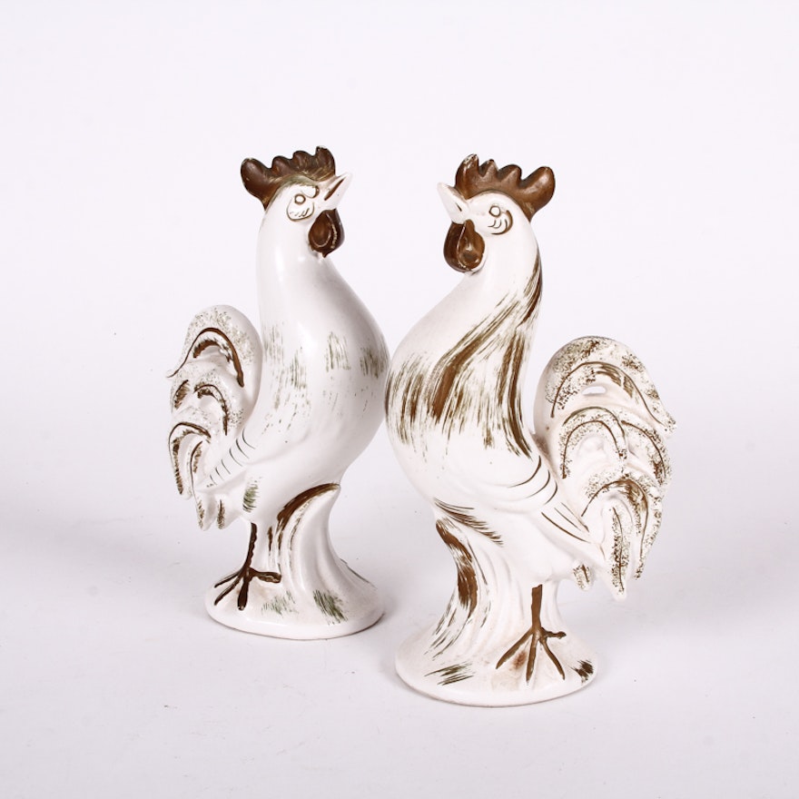 Pair of Vintage Wales Porcelain Rooster Figurines