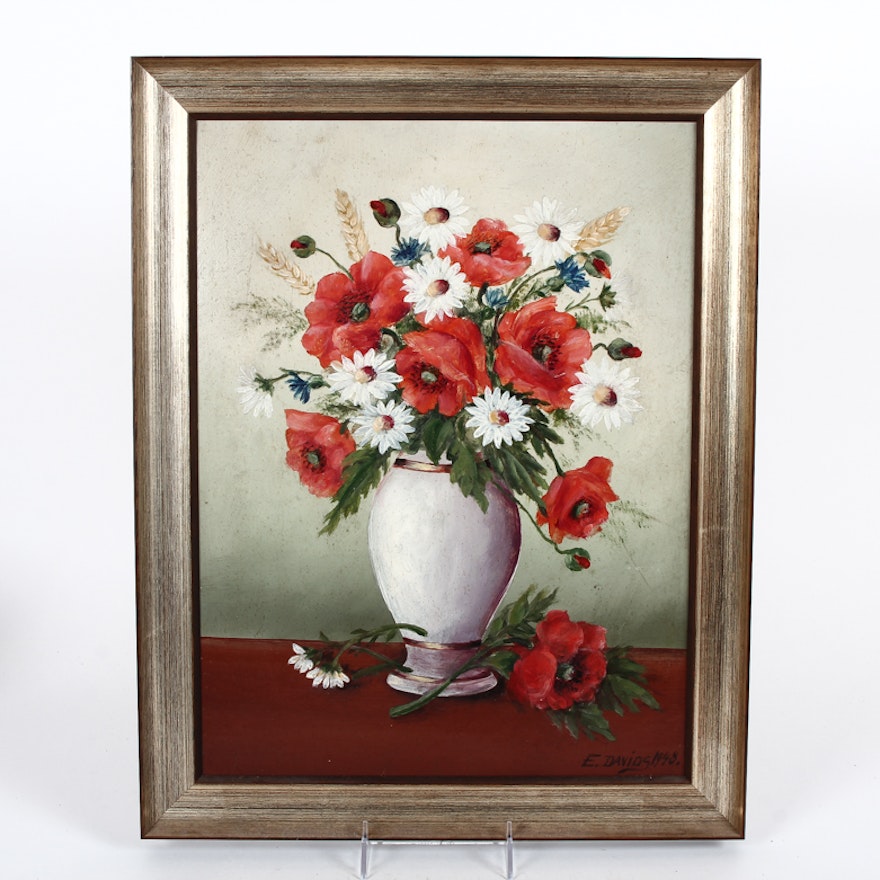 Vintage E. Davids Acrylic Painting on Canvas Board of a Floral Still Life