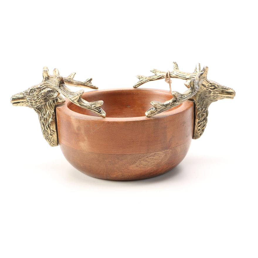 Wooden Bowl With Decorative Brass Deer Handles