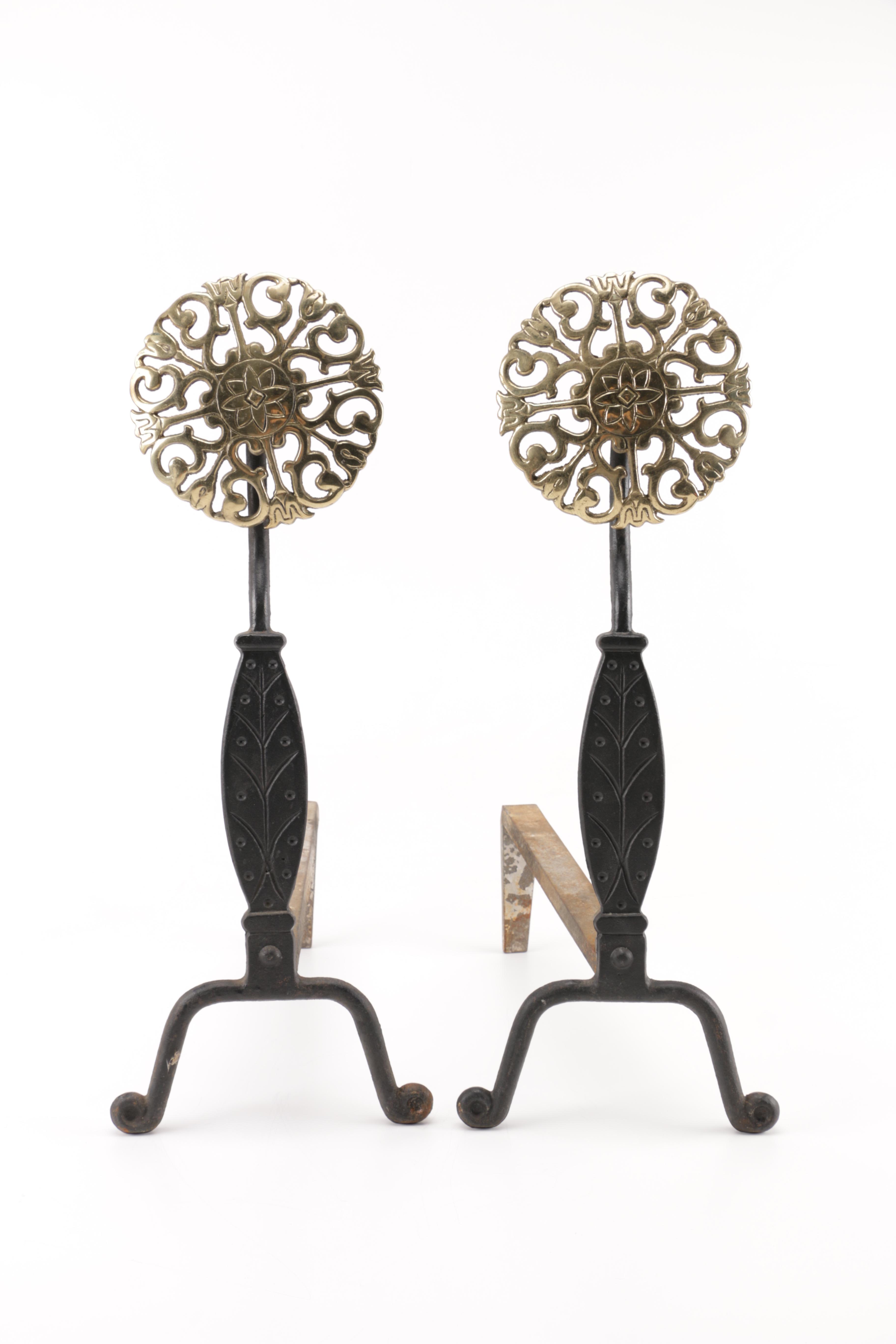 Scrolling Brass and Iron Andirons
