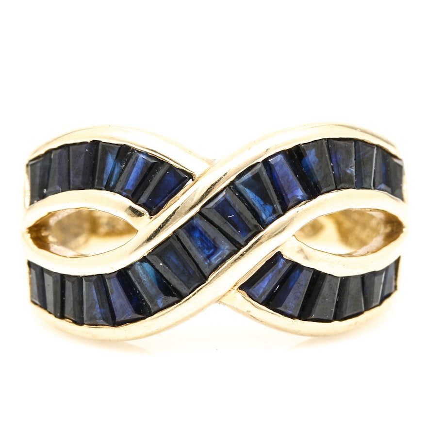 14K Yellow Gold and Blue Sapphire Crossover Ring