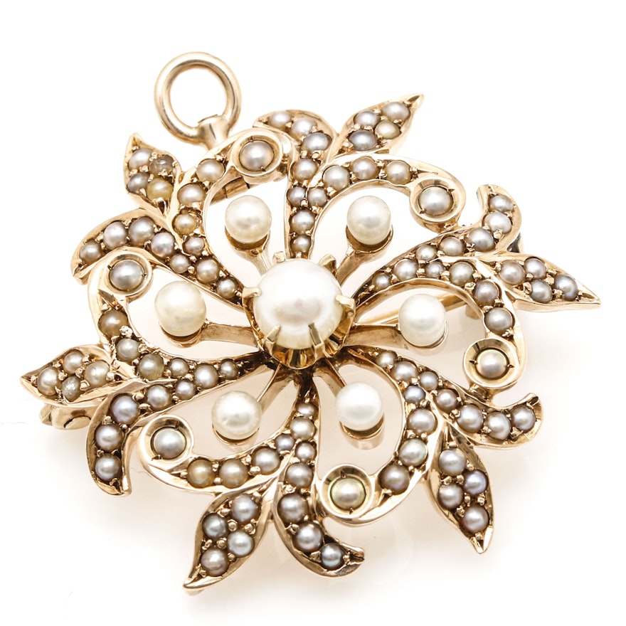 14K Yellow Gold Cultured Pearl Pendant Brooch