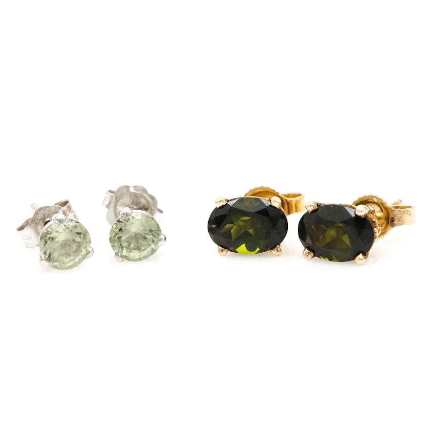 14K White and Yellow Gold Green Tourmaline and Peridot Studs