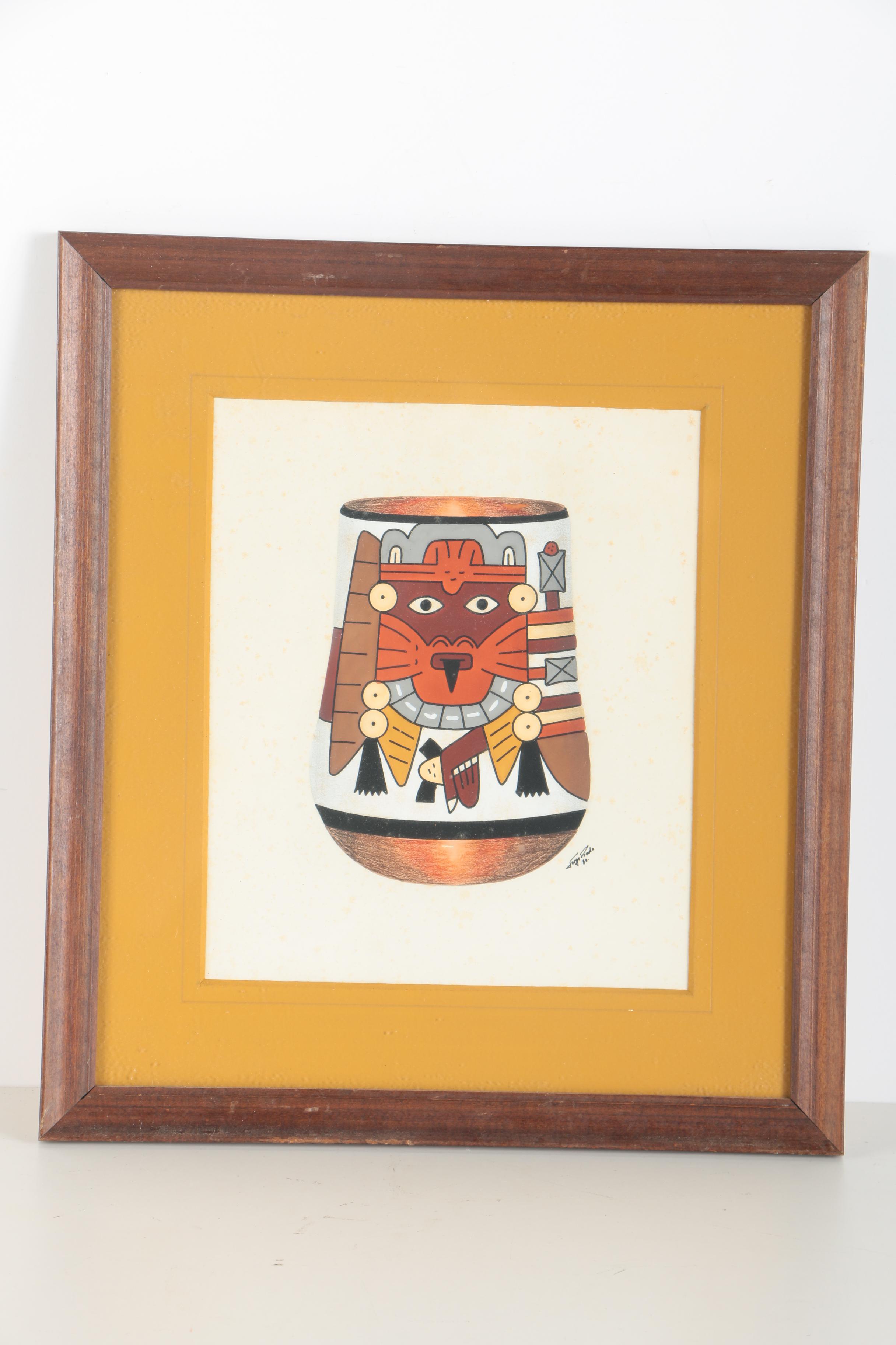 Jorge Prada Gouache Paintings With Pastel of Nazca Vessels