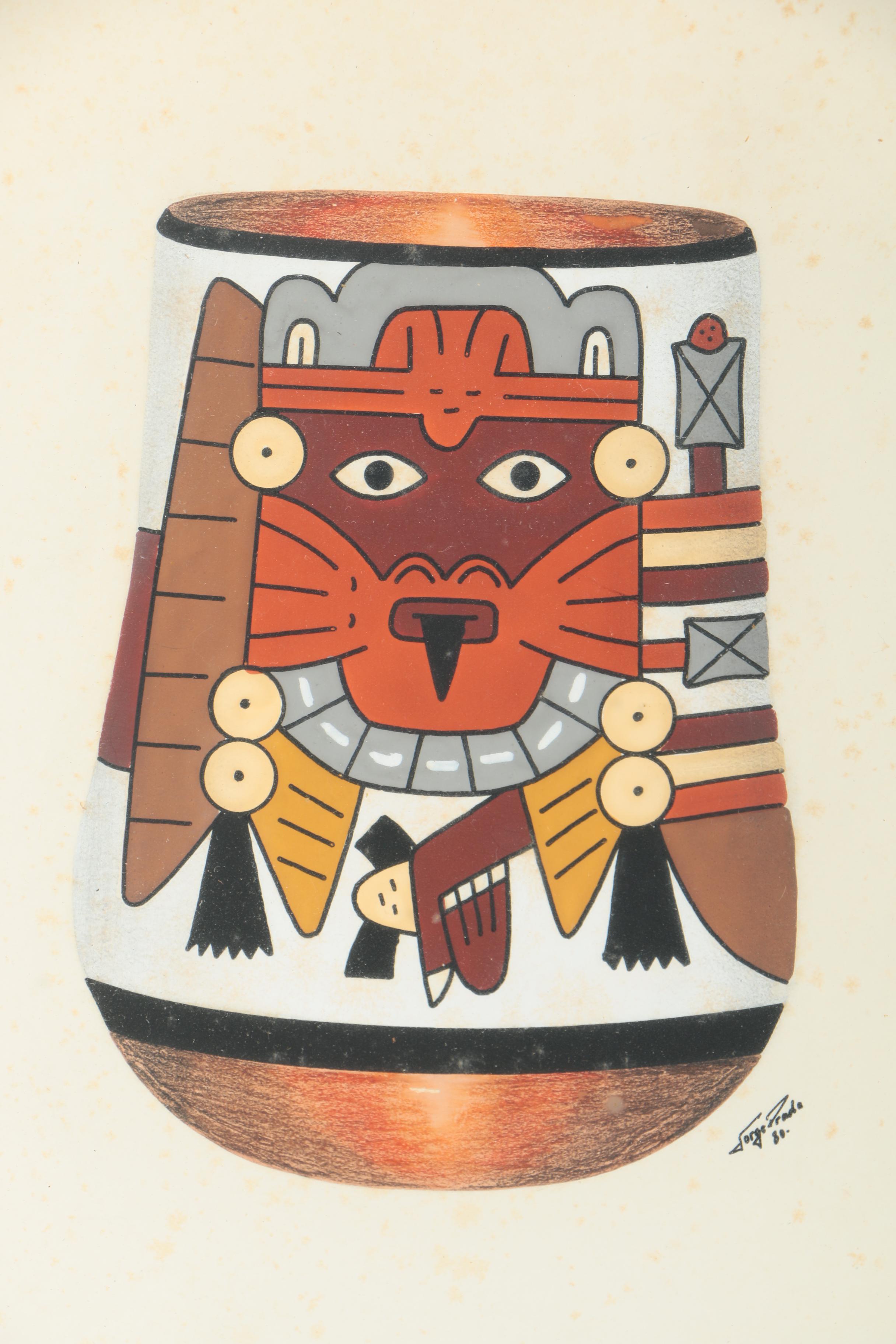 Jorge Prada Gouache Paintings With Pastel of Nazca Vessels