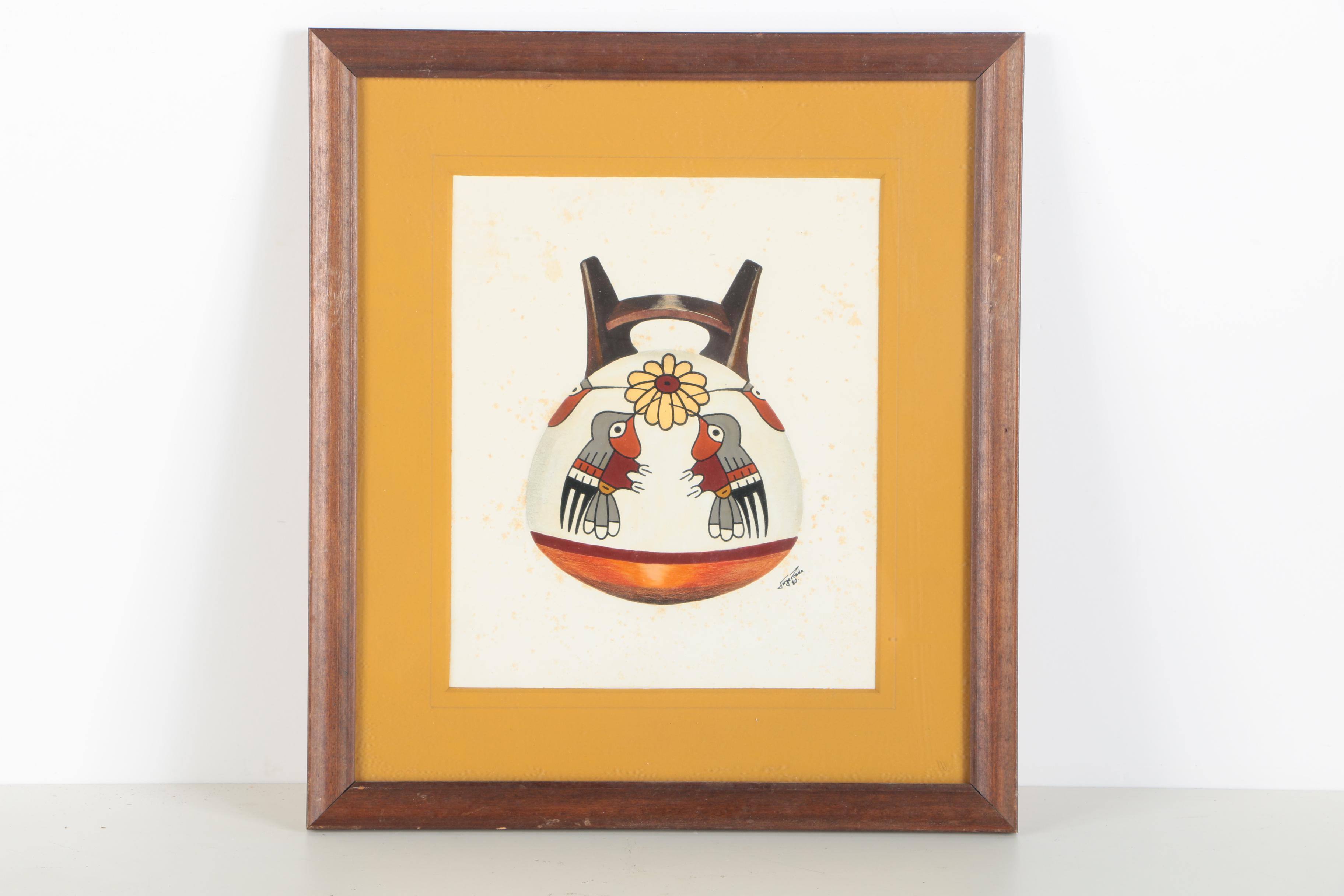 Jorge Prada Gouache Paintings With Pastel of Nazca Vessels
