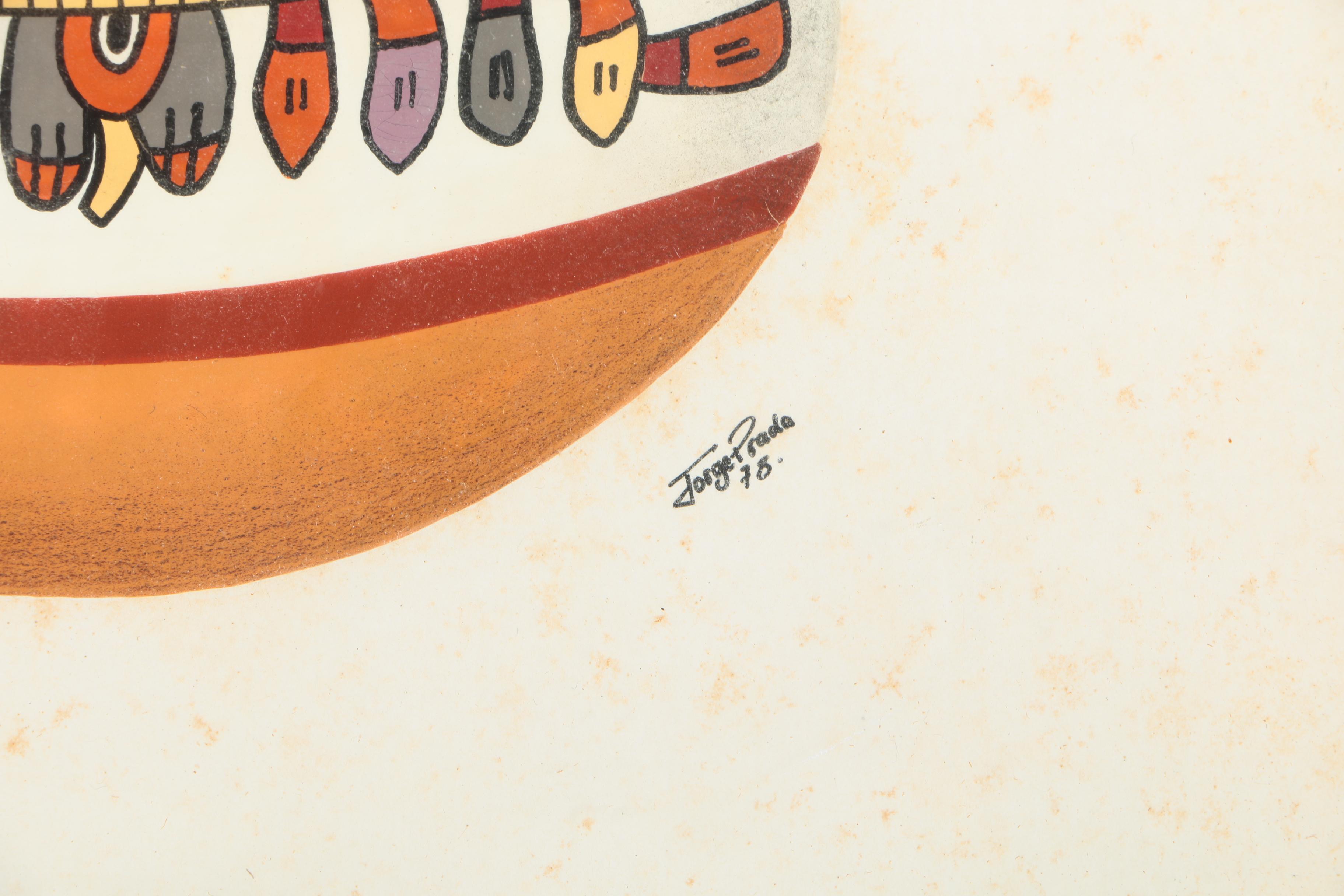 Jorge Prada Gouache Paintings With Pastel of Nazca Vessels