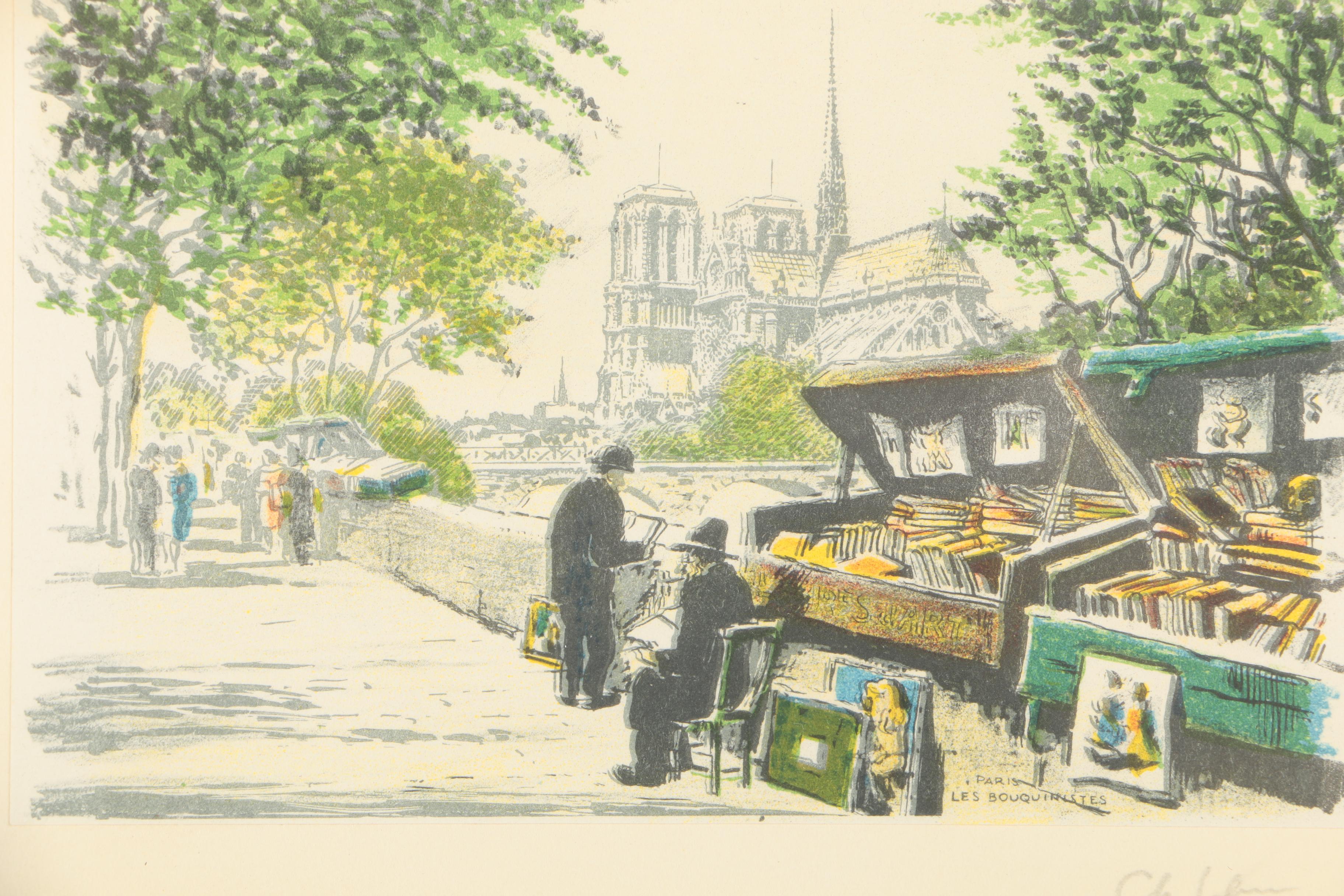 Mid Century Color Lithograph Street Scene "Paris, Les Bouquinistes"