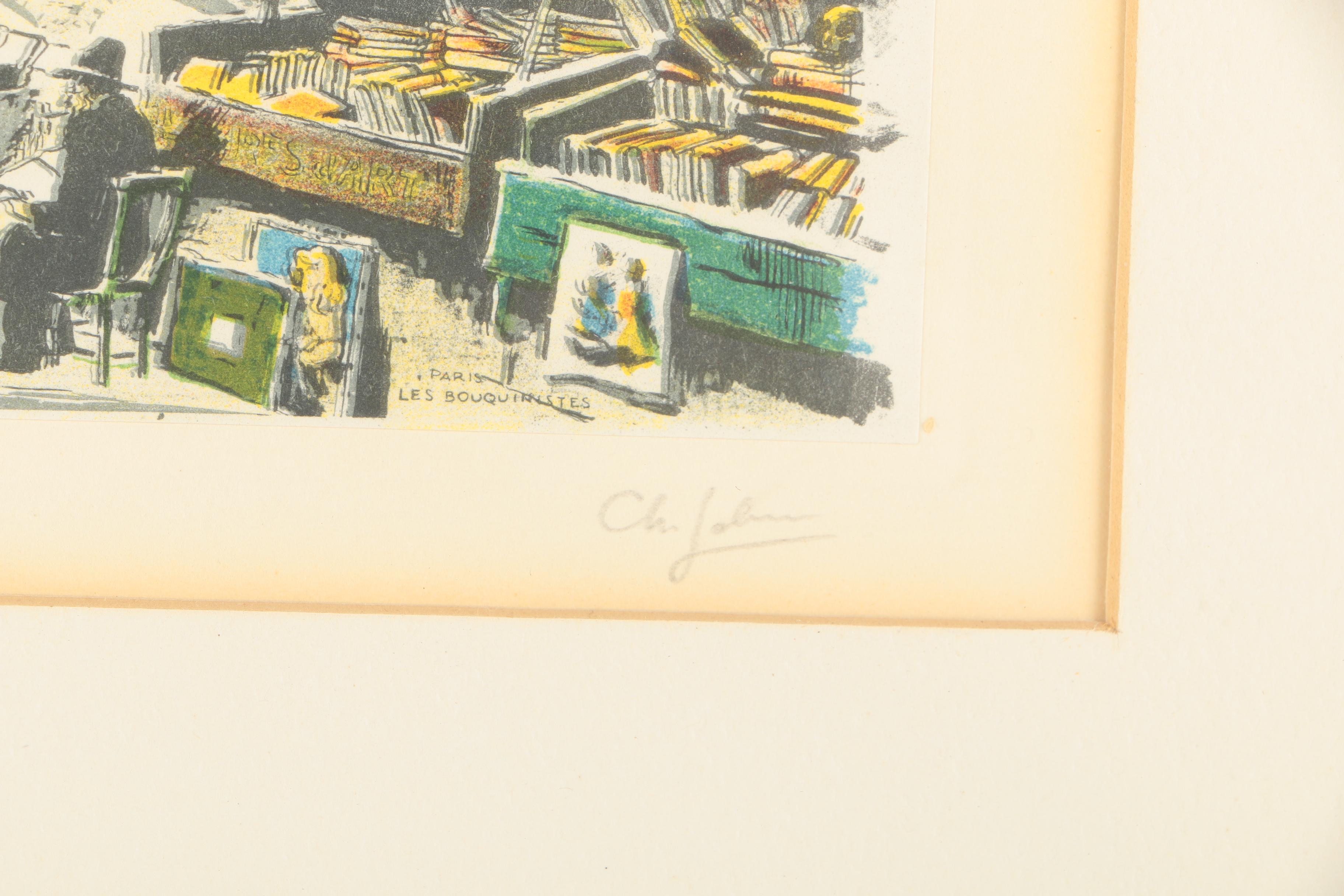 Mid Century Color Lithograph Street Scene "Paris, Les Bouquinistes"