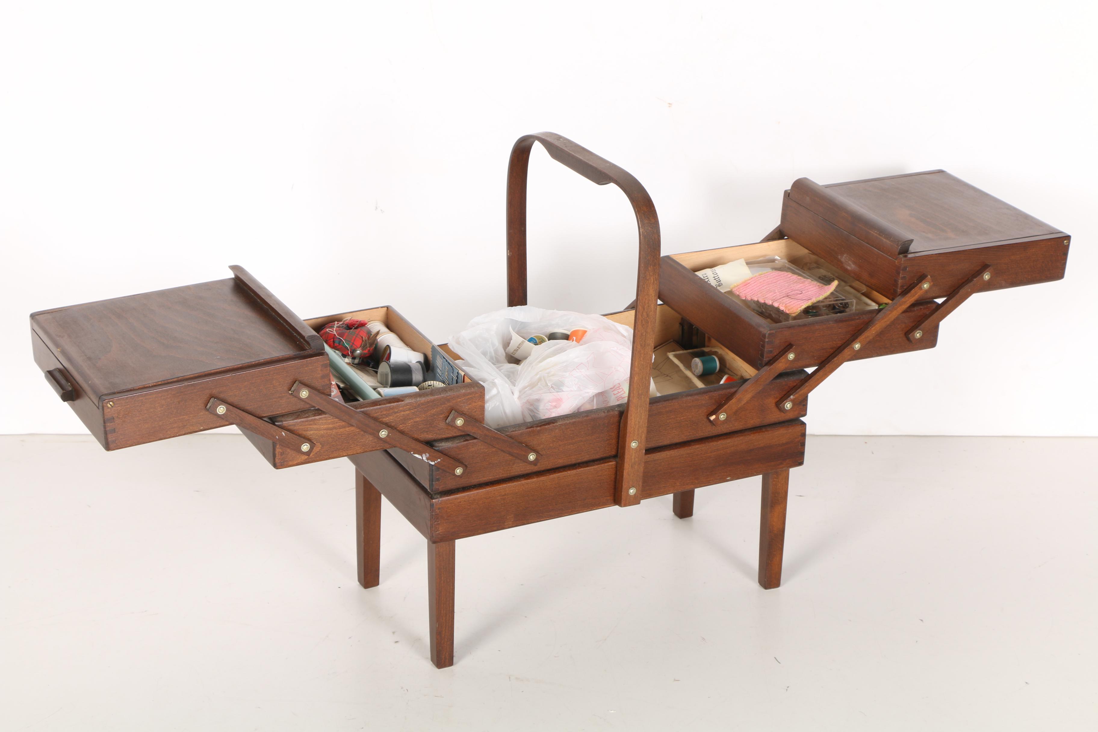 Vintage Wooden Fold-Out Sewing Box With Thread and Supplies