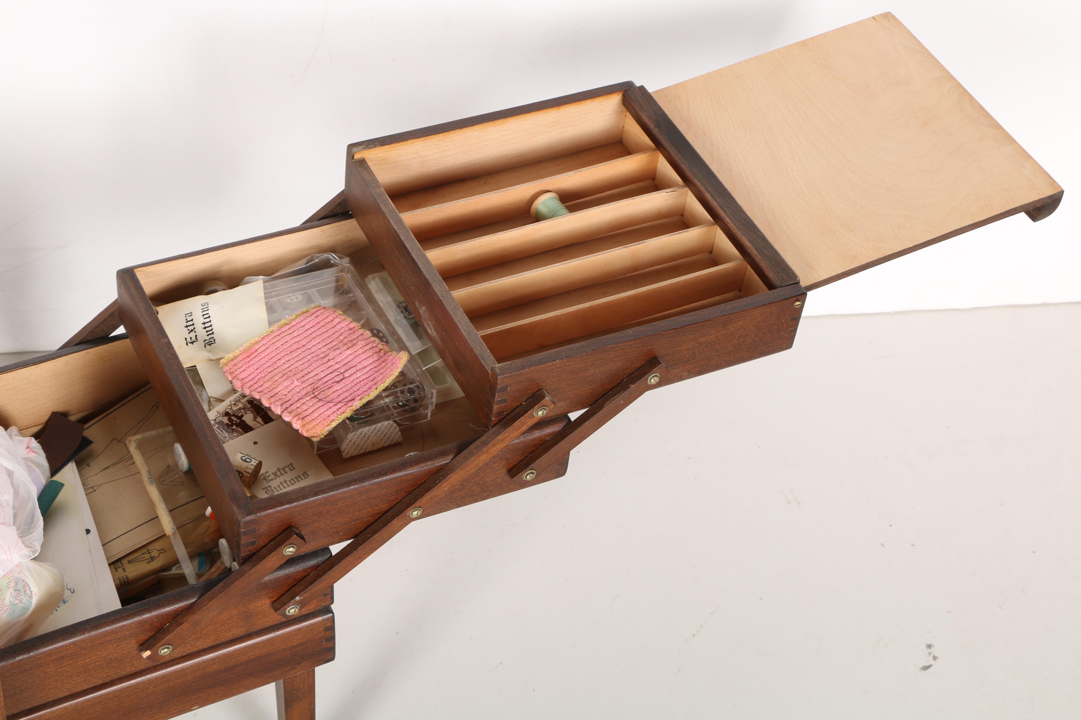 Vintage Wooden Fold-Out Sewing Box With Thread and Supplies