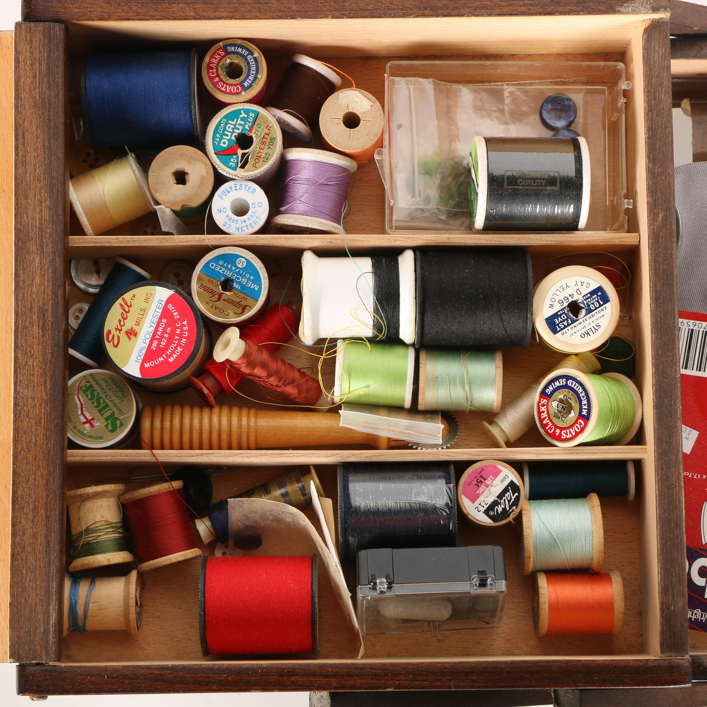 Vintage Wooden Fold-Out Sewing Box With Thread and Supplies