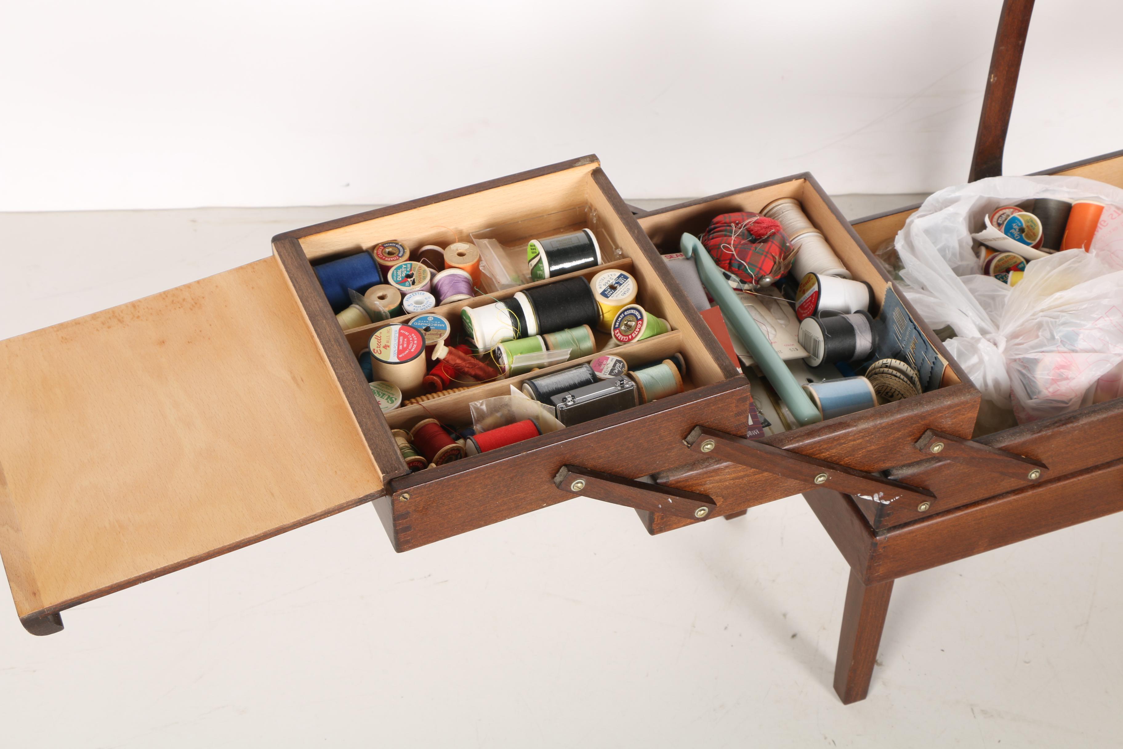 Vintage Wooden Fold-Out Sewing Box With Thread and Supplies
