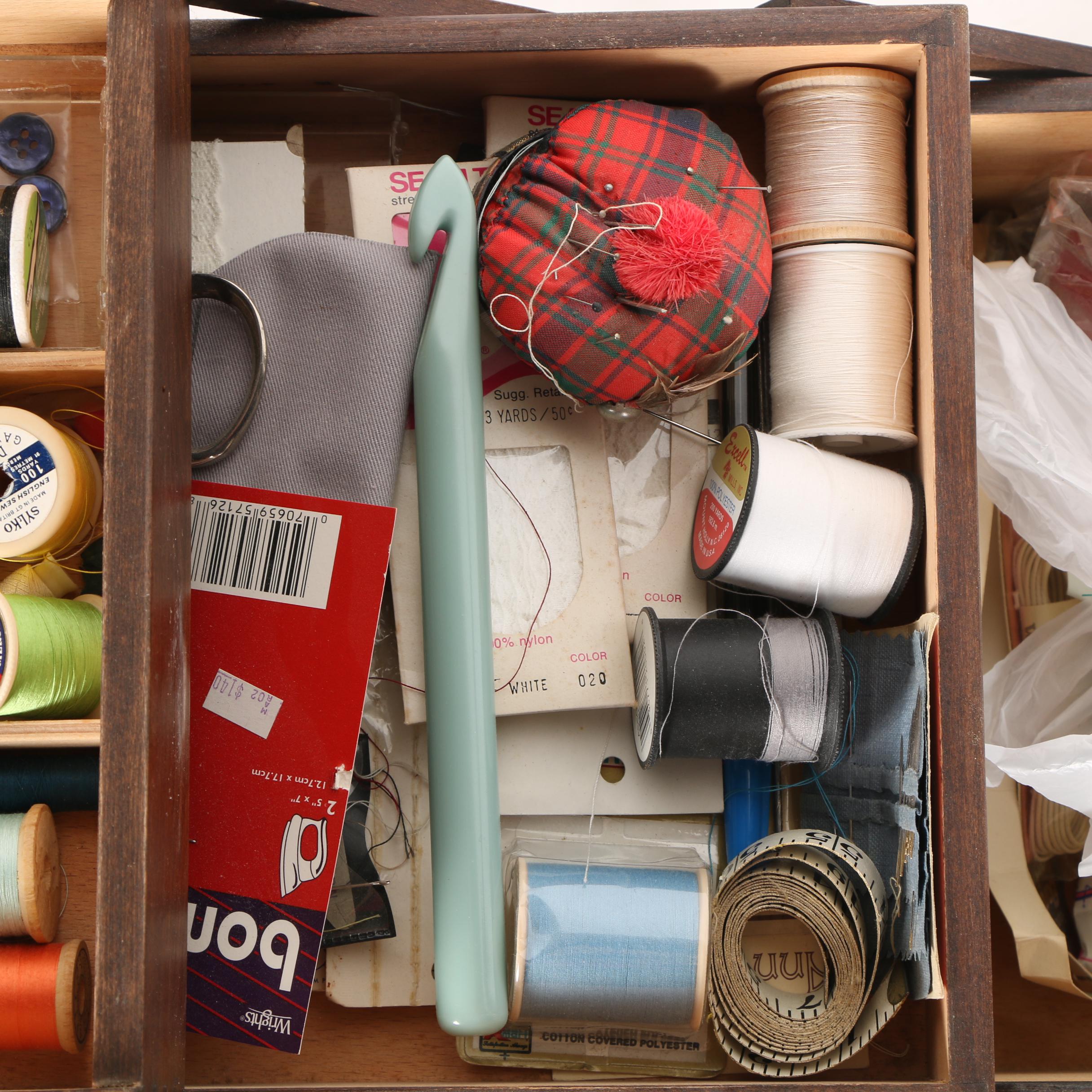 Vintage Wooden Fold-Out Sewing Box With Thread and Supplies