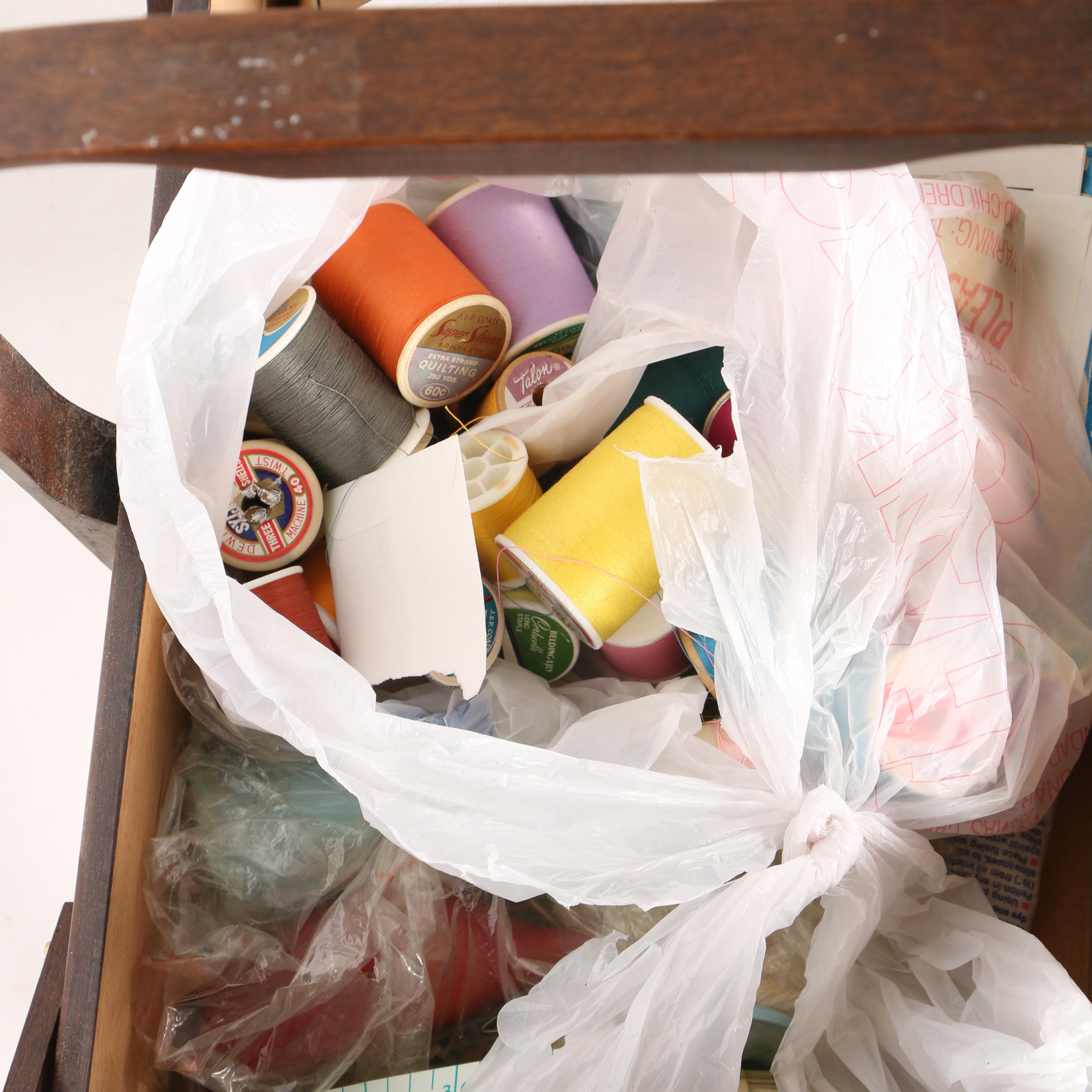 Vintage Wooden Fold-Out Sewing Box With Thread and Supplies