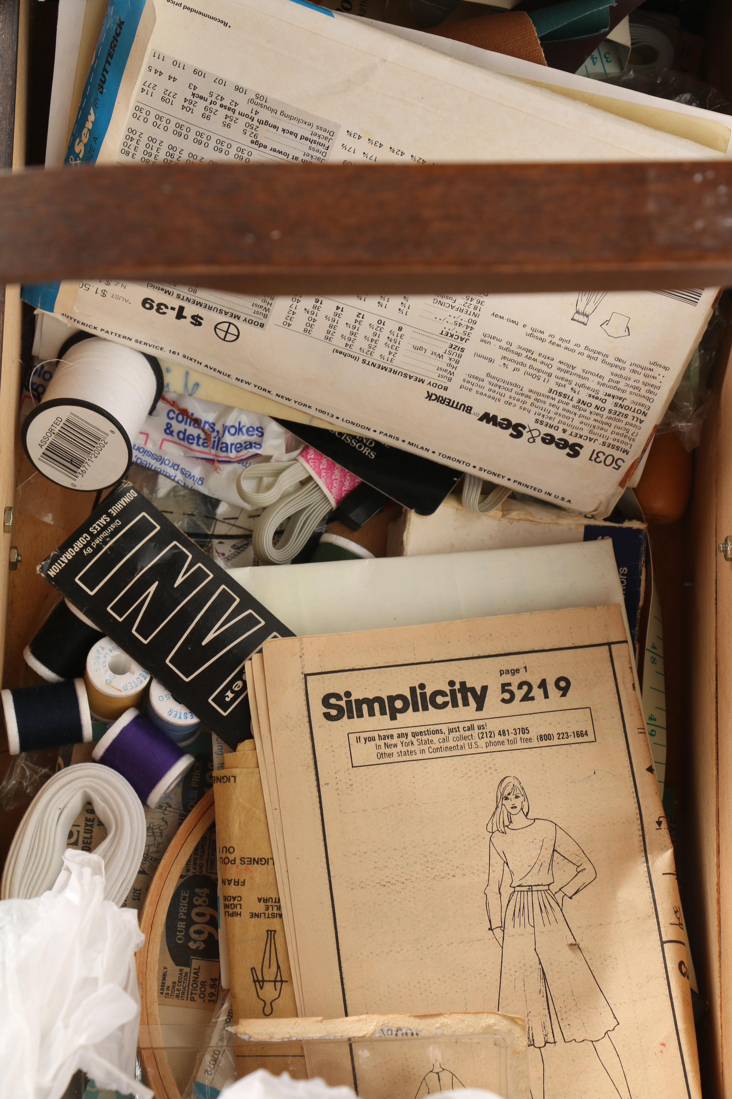 Vintage Wooden Fold-Out Sewing Box With Thread and Supplies