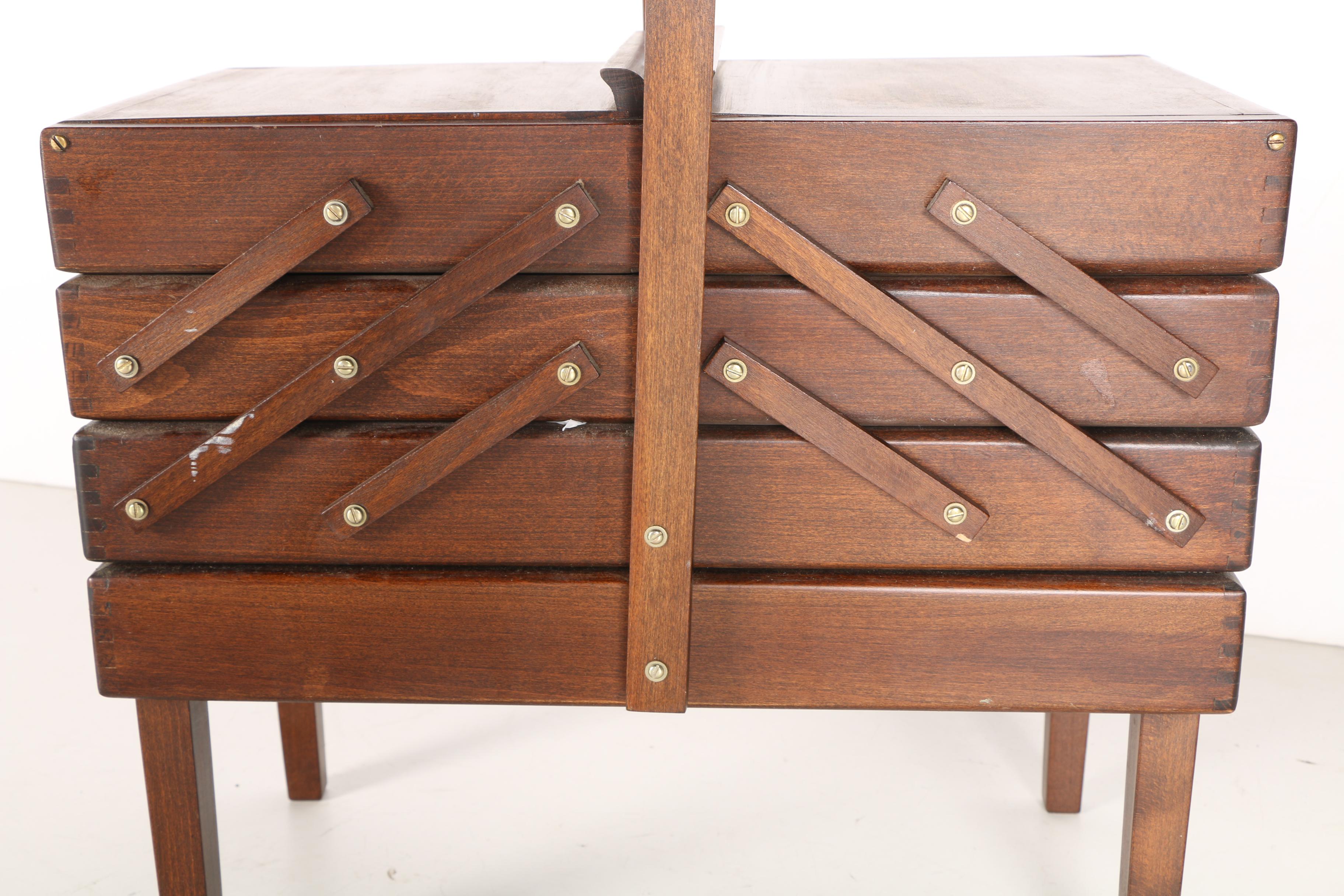 Vintage Wooden Fold-Out Sewing Box With Thread and Supplies