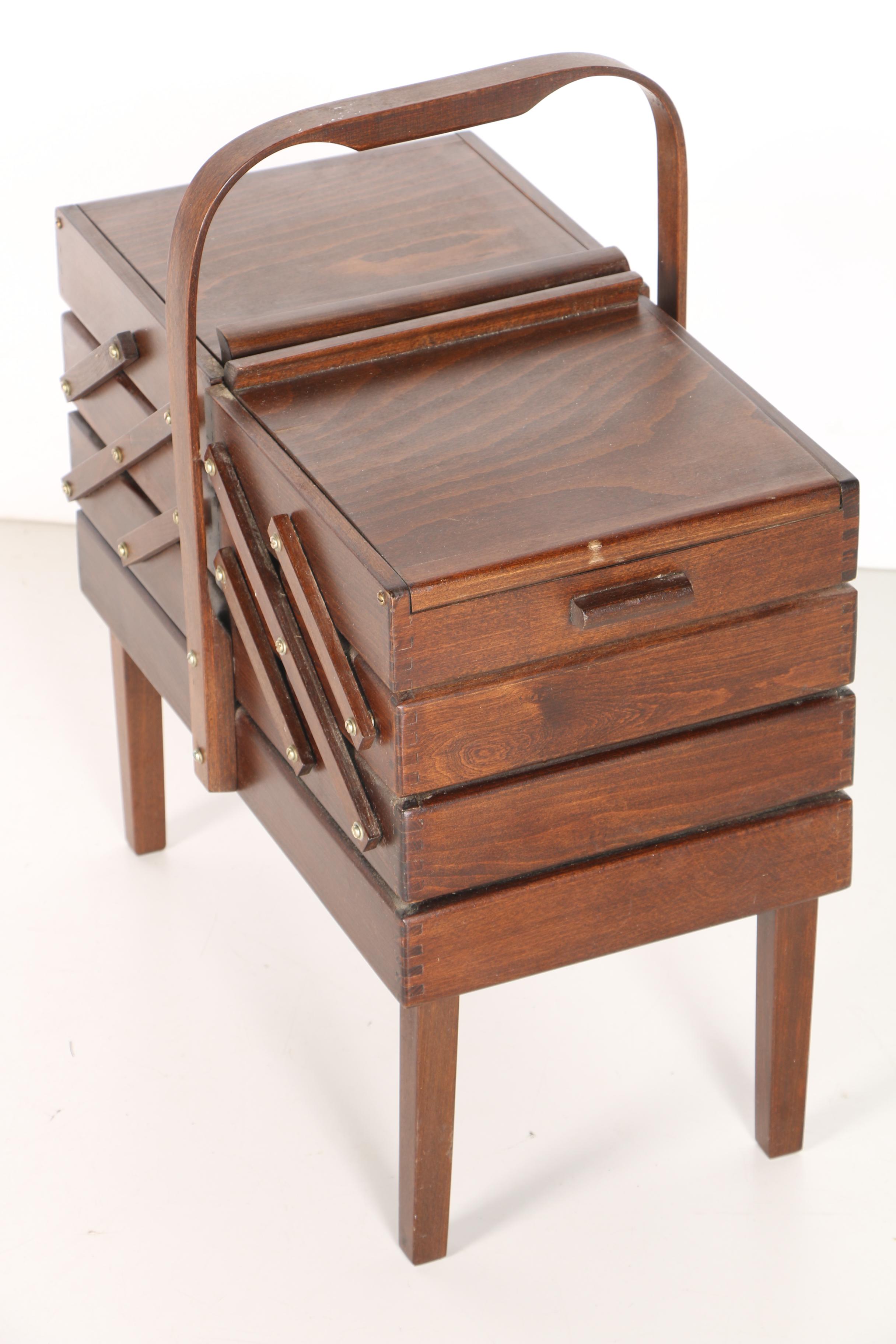 Vintage Wooden Fold-Out Sewing Box With Thread and Supplies