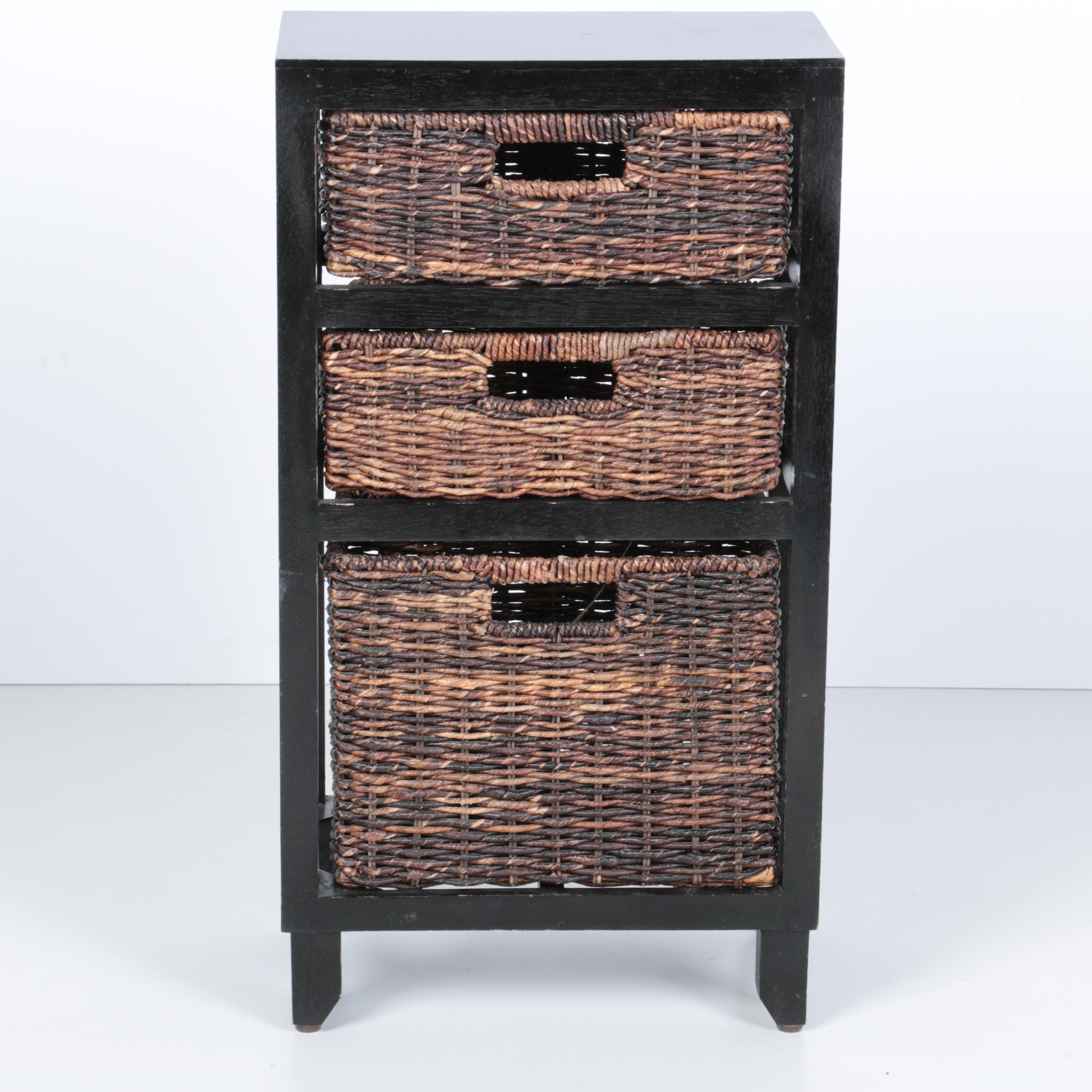 Contemporary Wooden Shelf With Wicker Baskets