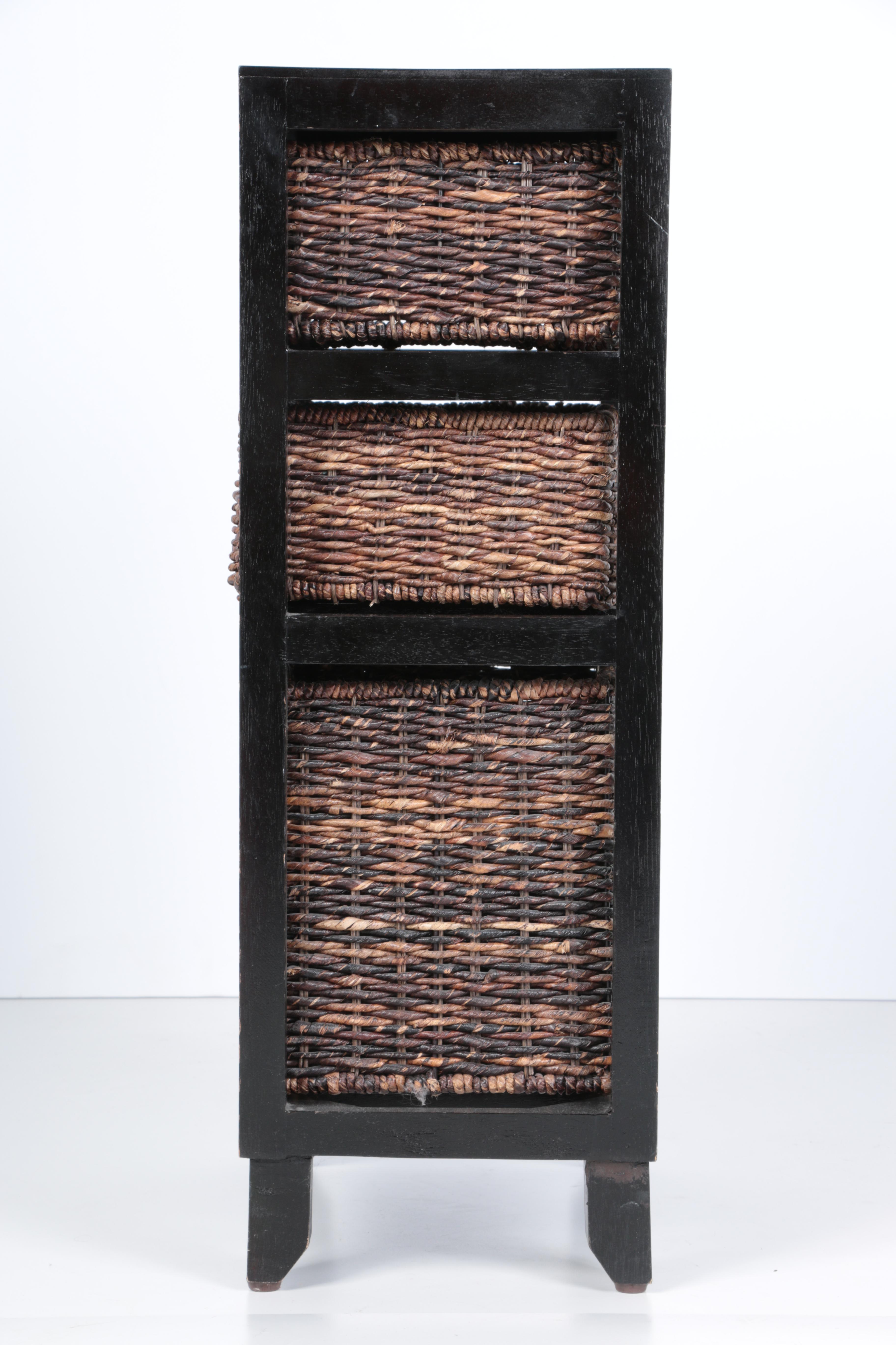 Contemporary Wooden Shelf With Wicker Baskets