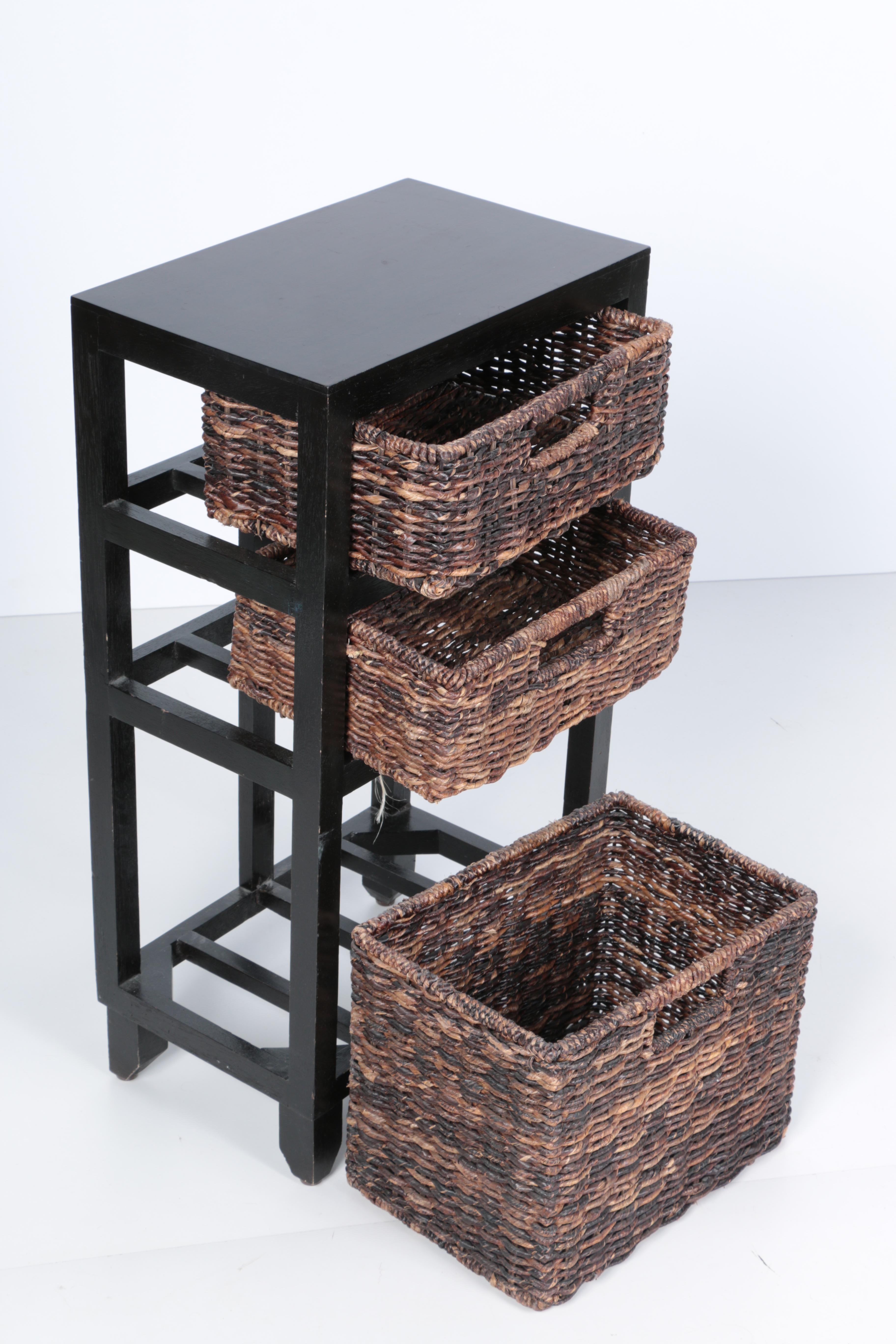 Contemporary Wooden Shelf With Wicker Baskets