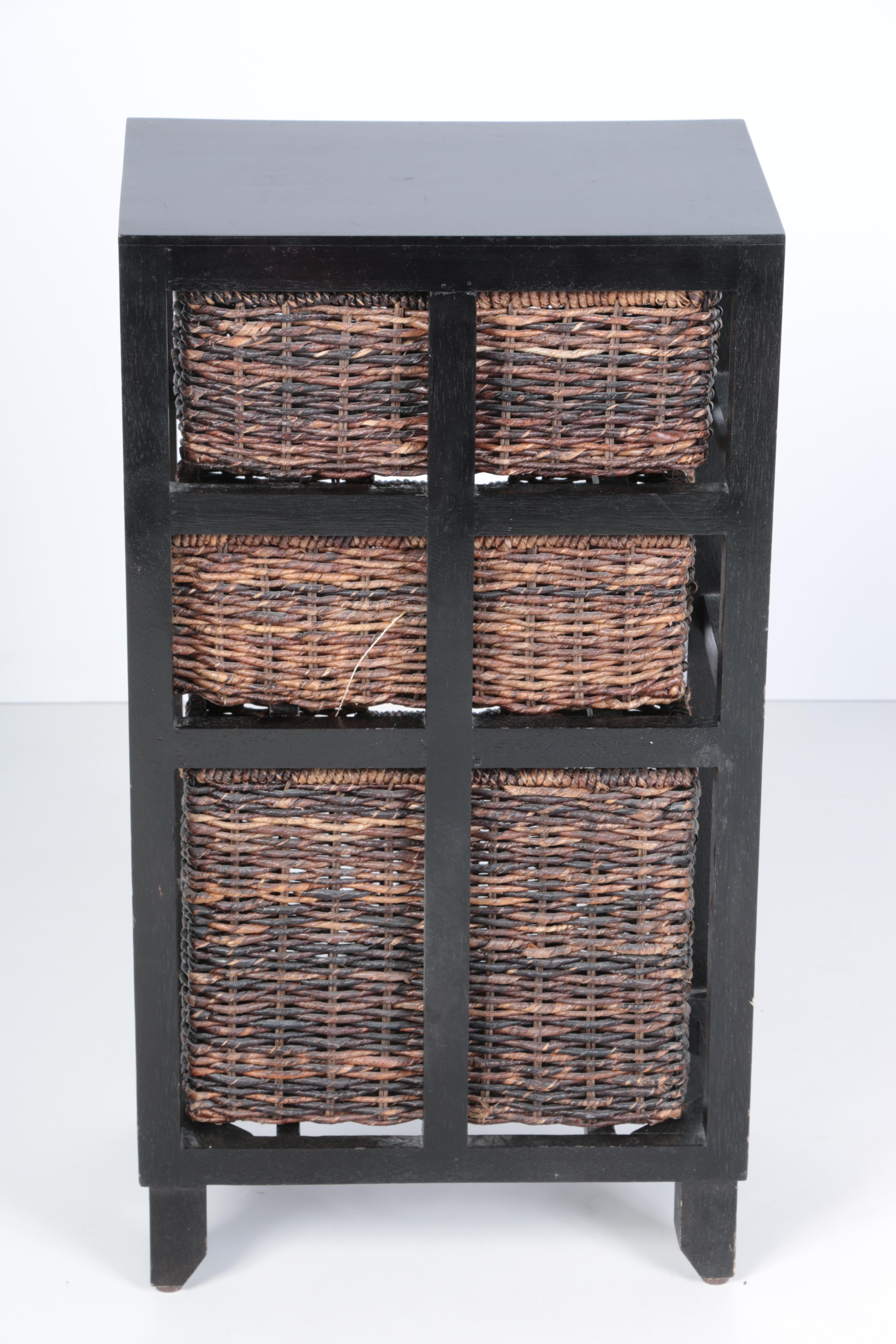 Contemporary Wooden Shelf With Wicker Baskets