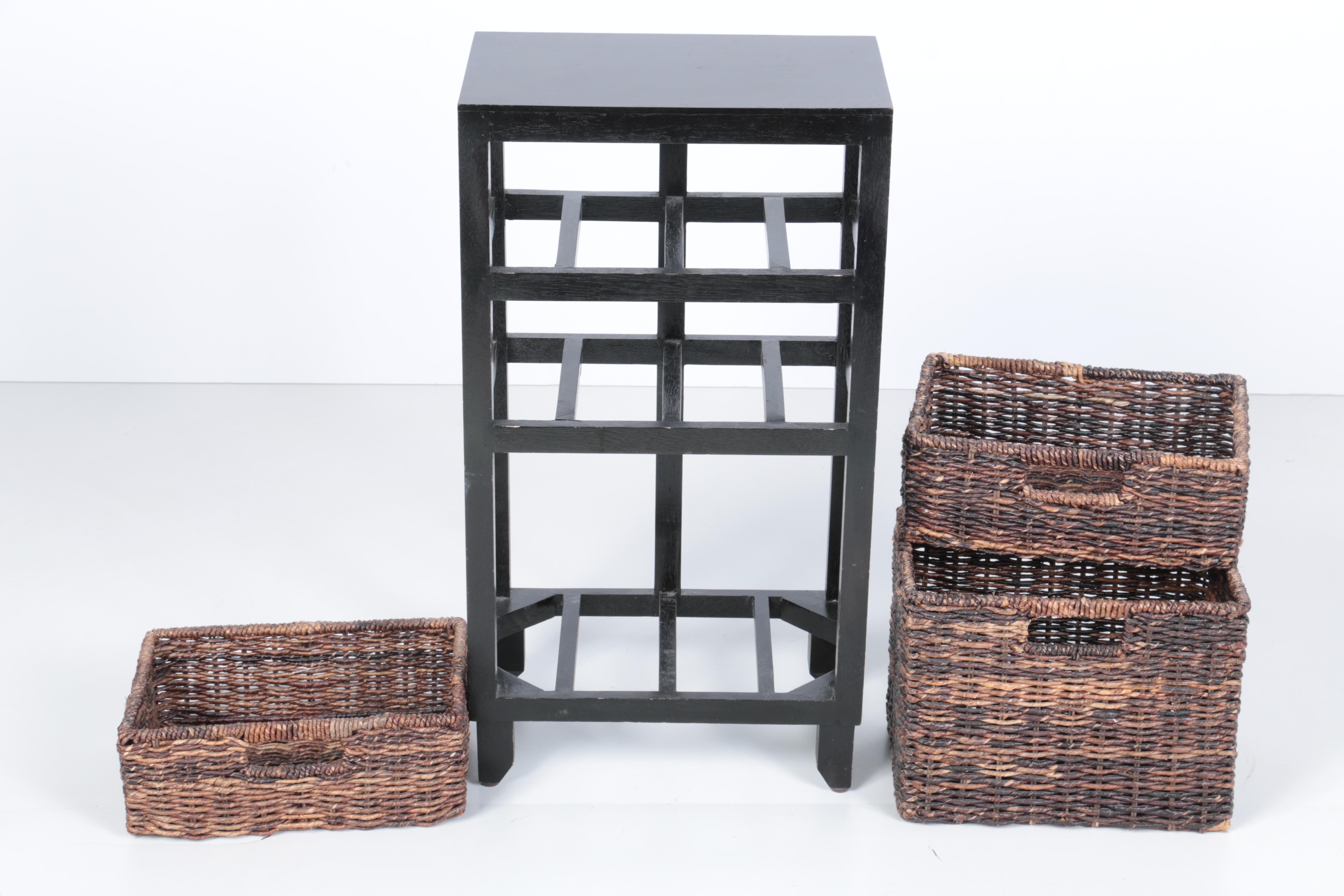 Contemporary Wooden Shelf With Wicker Baskets
