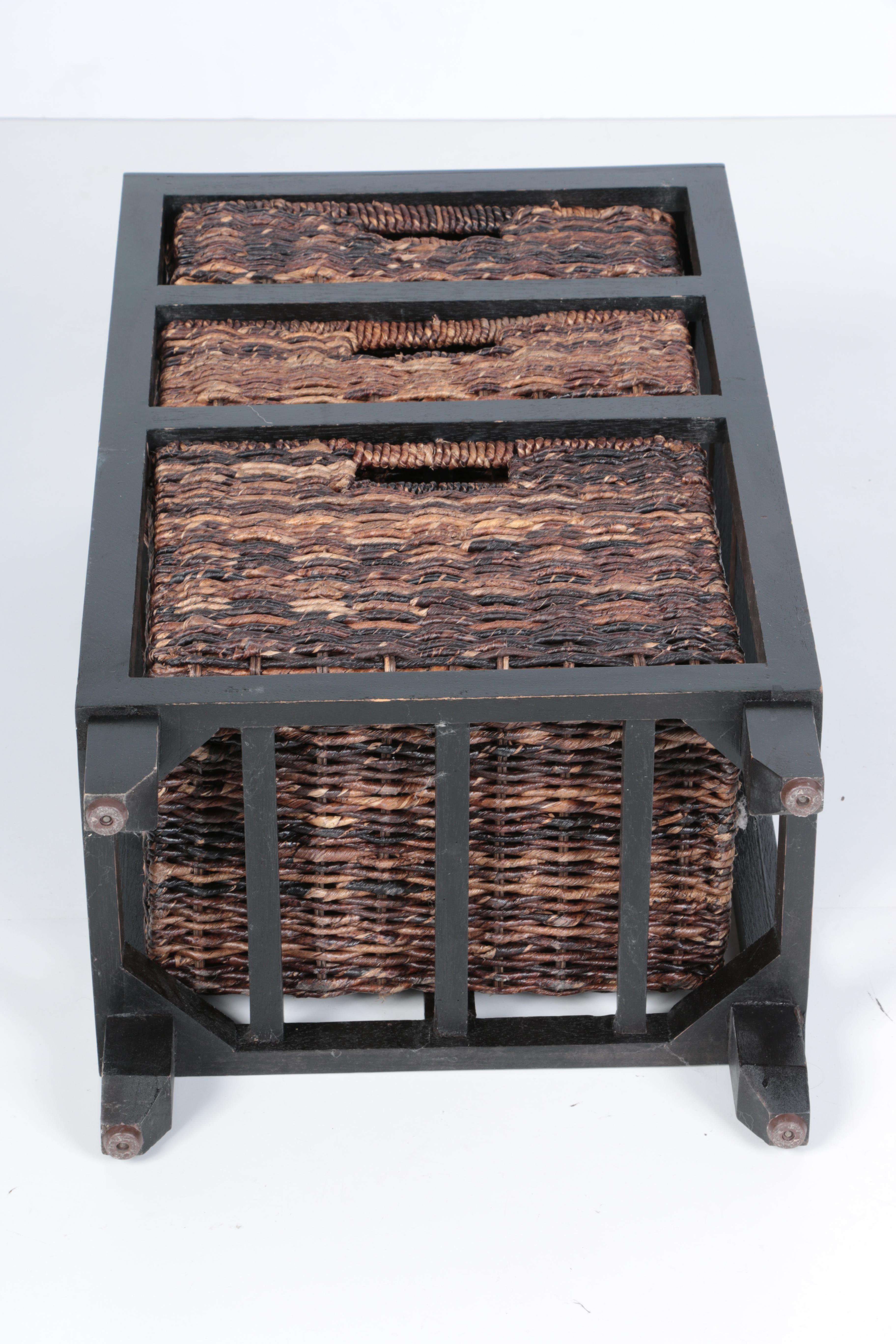 Contemporary Wooden Shelf With Wicker Baskets