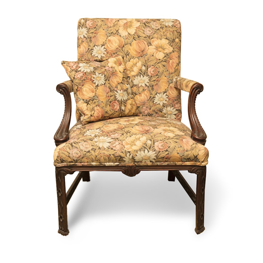 Vintage Floral Upholstered Carved Arm Chair