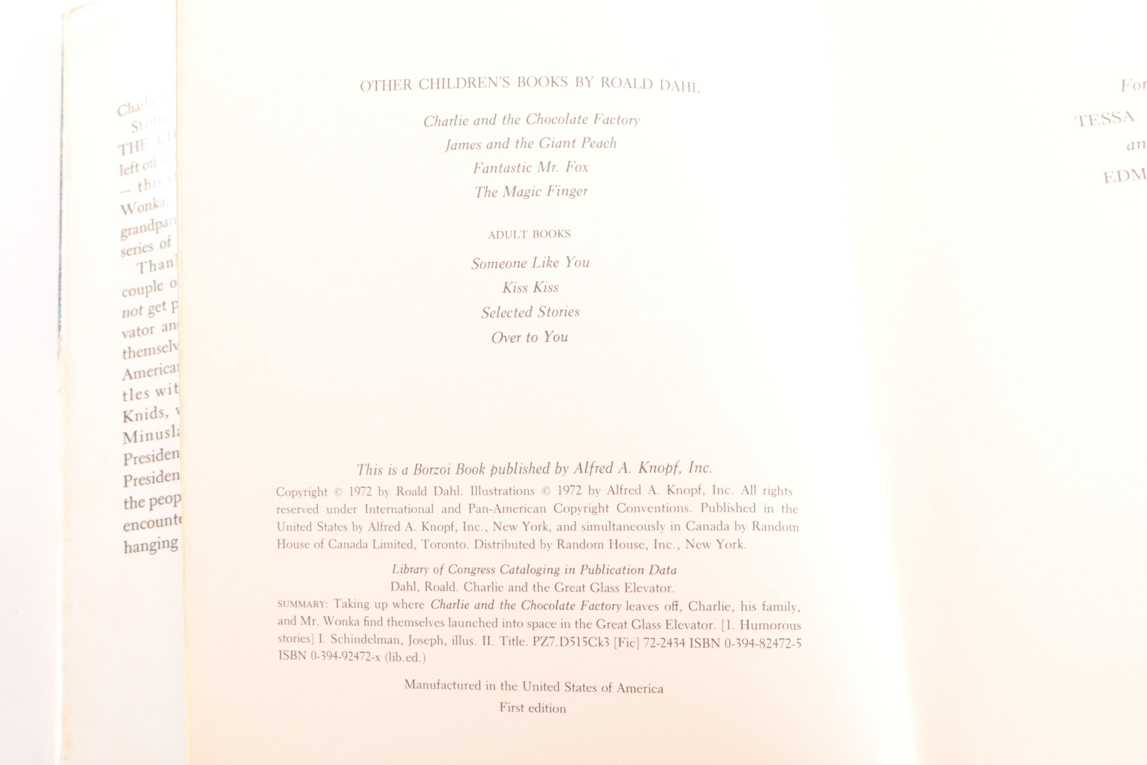 1972 First Edition "Charlie and the Great Glass Elevator" by Roald Dahl