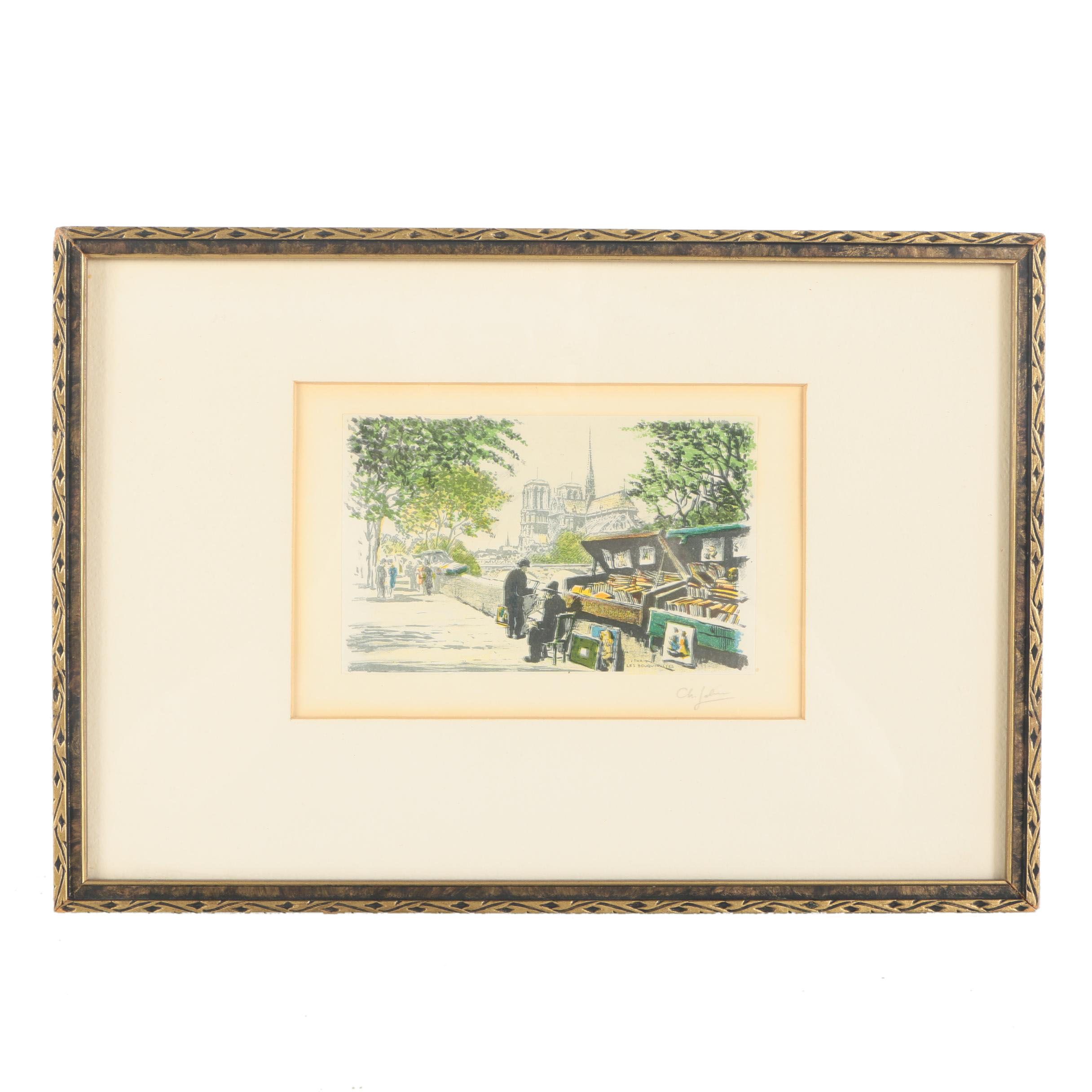 Mid Century Color Lithograph Street Scene "Paris, Les Bouquinistes"