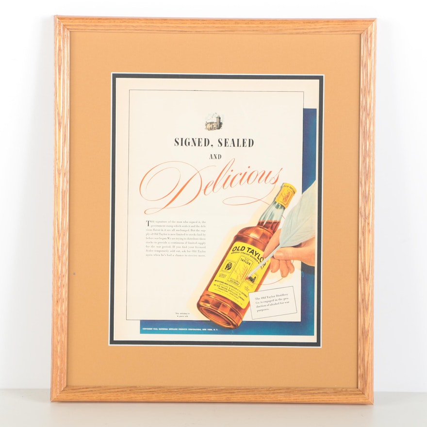 Framed 1940s Advertisement for Old Taylor Bourbon