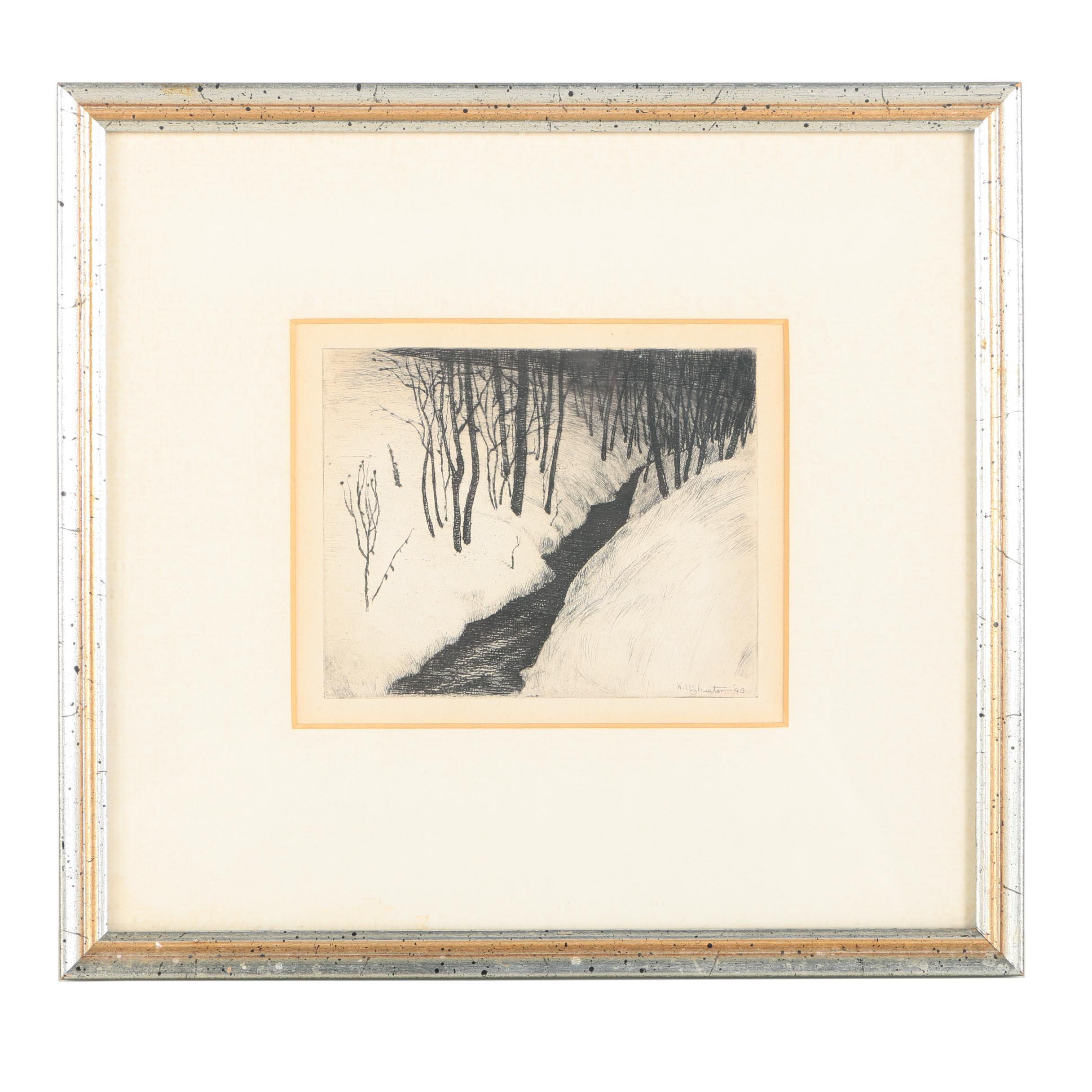 Will Shuster 1940 Etching on Paper of Snow Covered Woodland Landscape