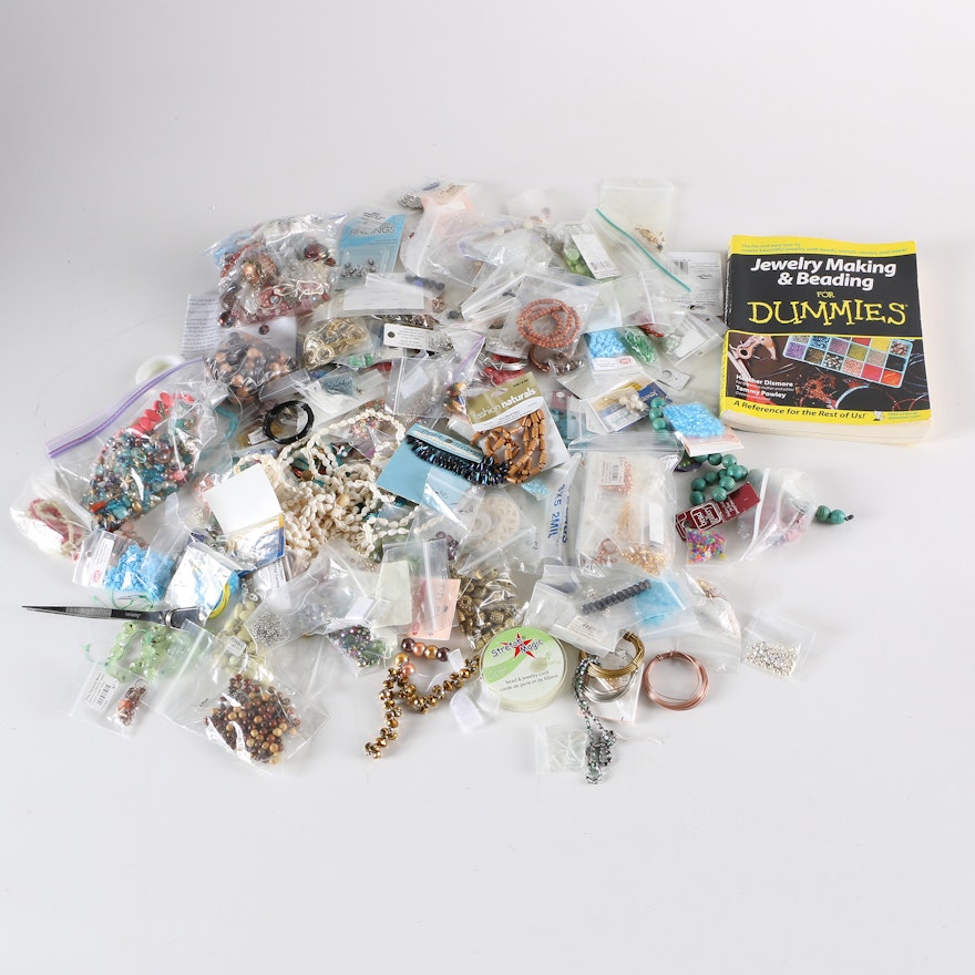Craft Supplies Including Beads, Wires, Faux Shells and "Jewelry Making & Beading for Dummies"