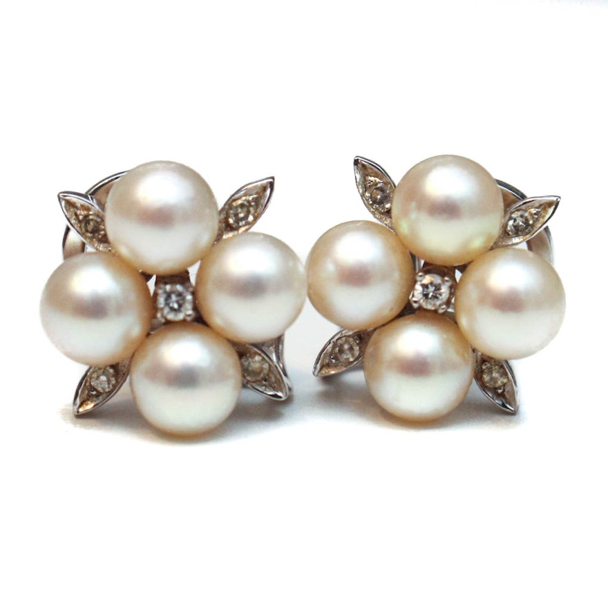 14K White Gold Cultured Pearl and Diamond Earrings