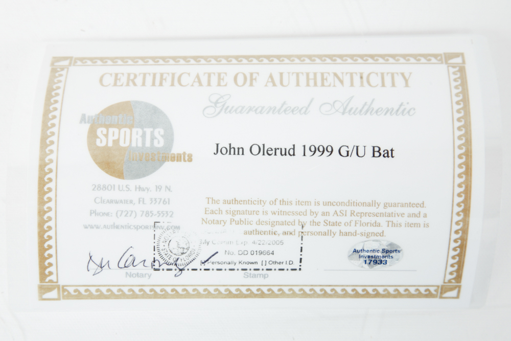 John Olerud 1999 Game Used Bat with COA