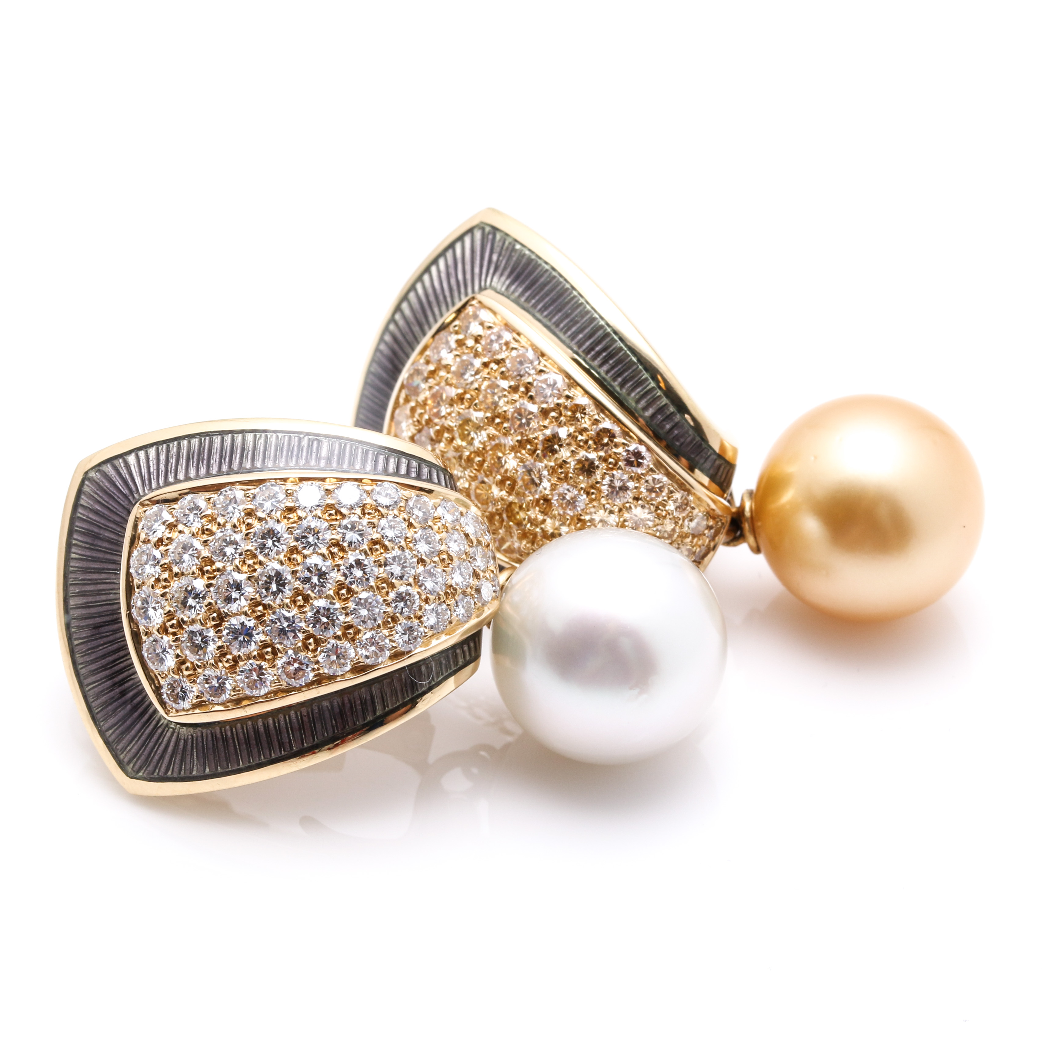 Leo De Vroomen 18K Yellow Gold 4.16 CTW Diamond, South Sea Pearl and Enamel Drop Earrings