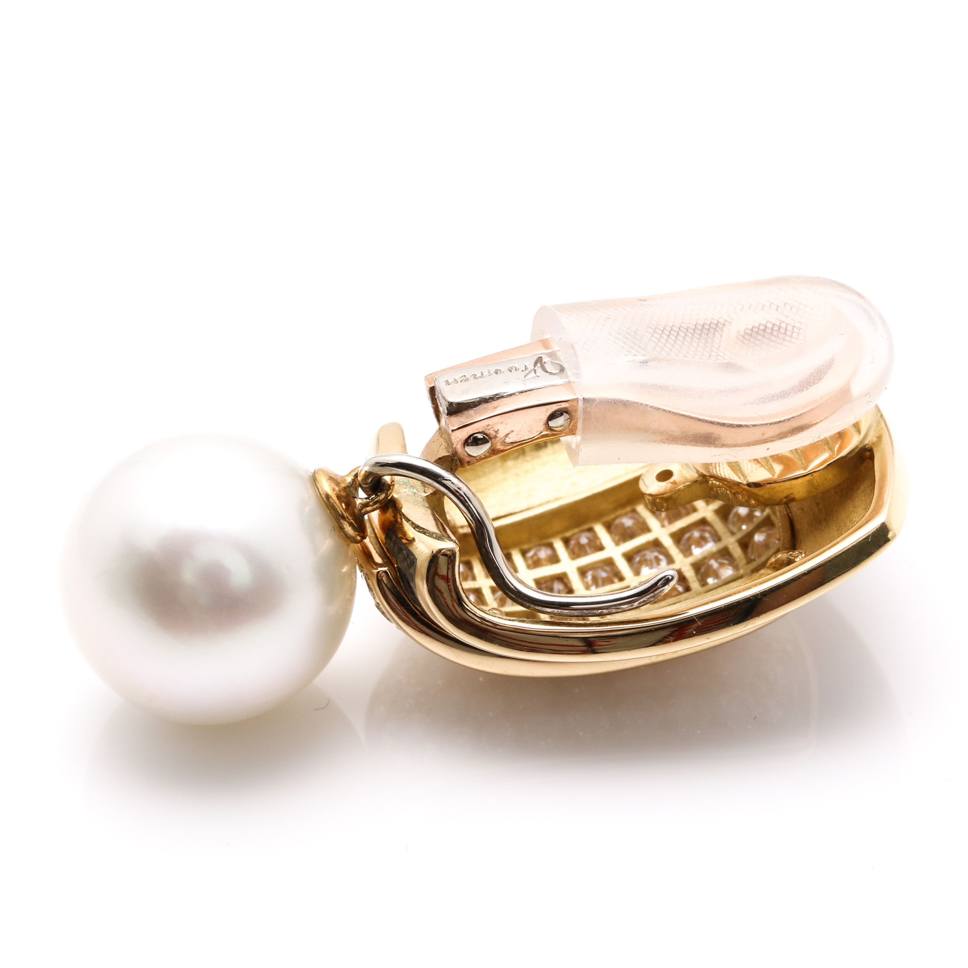 Leo De Vroomen 18K Yellow Gold 4.16 CTW Diamond, South Sea Pearl and Enamel Drop Earrings