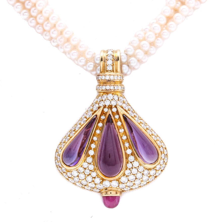 18K Yellow Gold 3.00 CTW Diamond, Amethyst, Pink Sapphire and Pearl Necklace