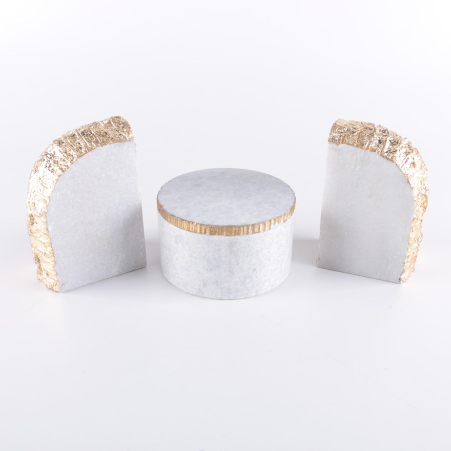 Marble Bookends and Round Box