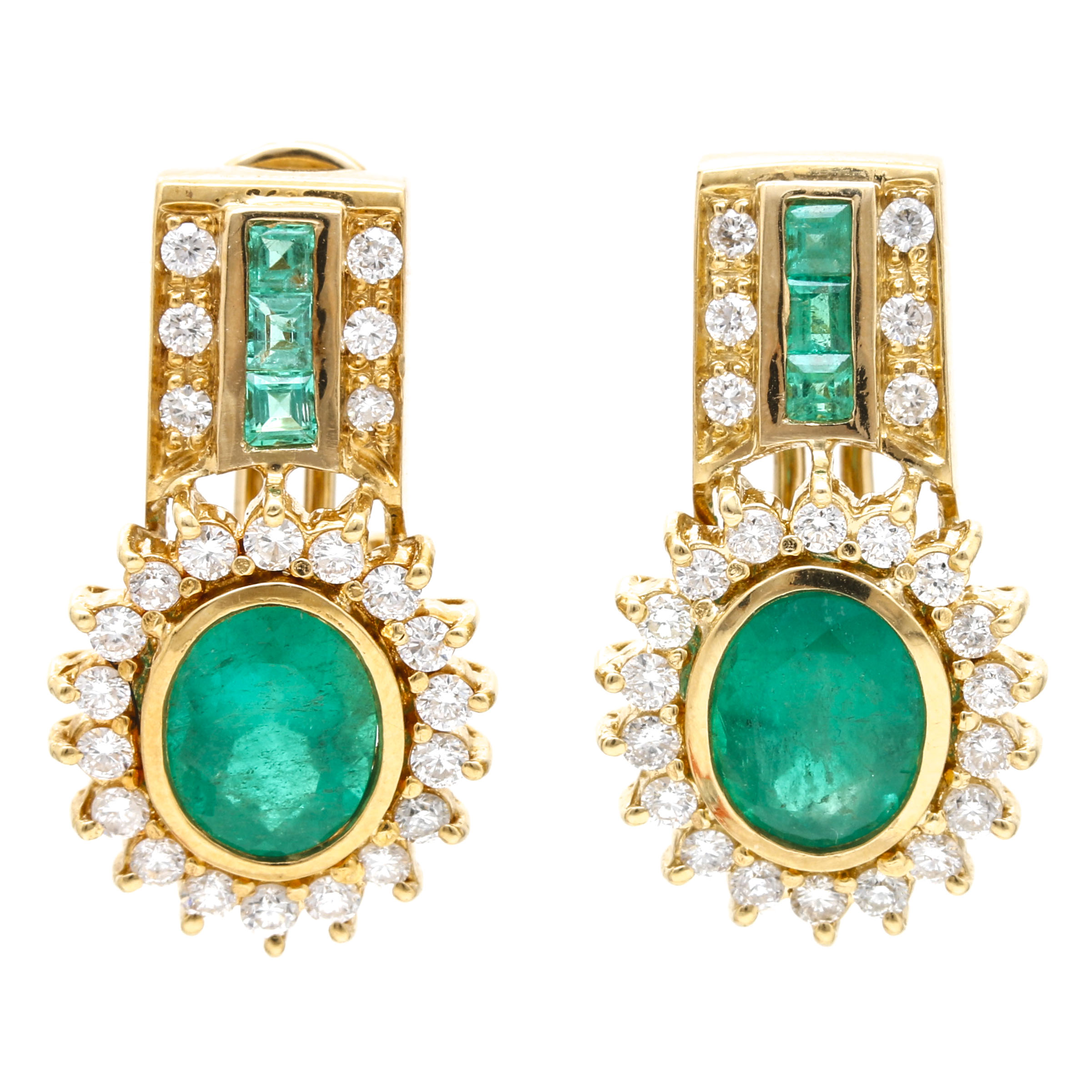18K Yellow Gold 3.00 CTW Emerald and 0.95 CTW Diamond Earrings