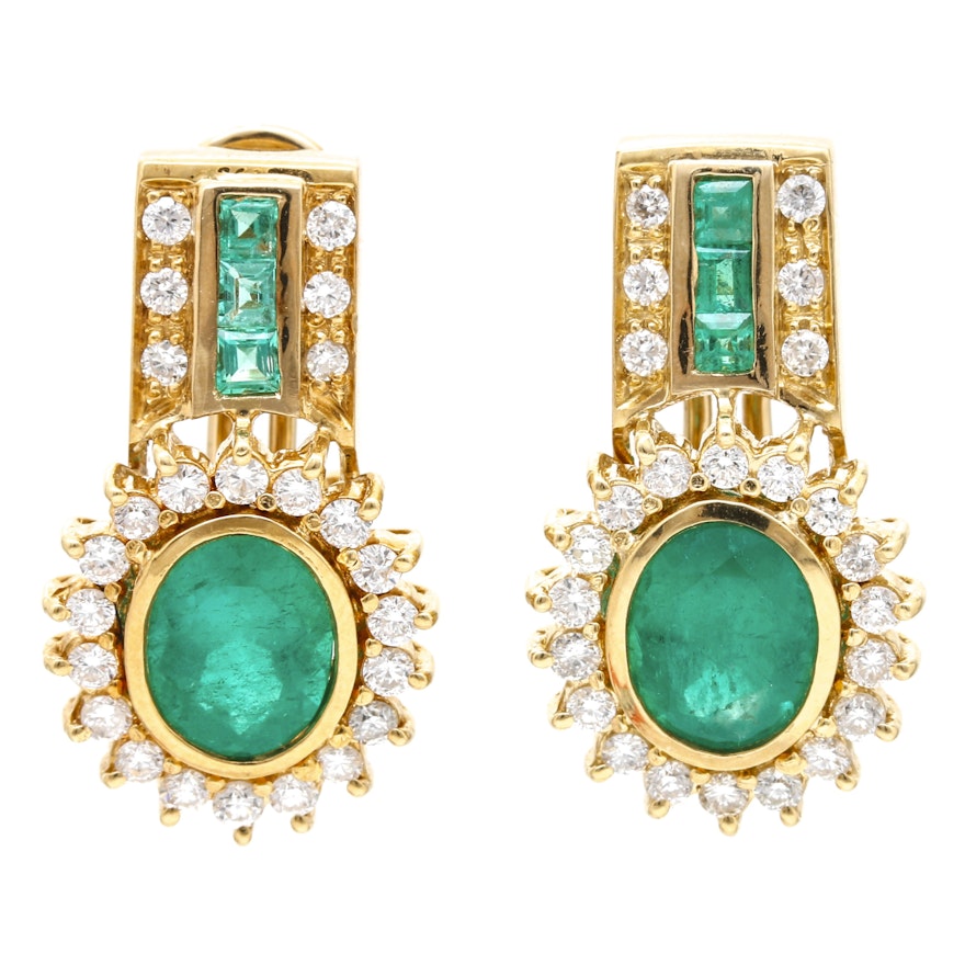 18K Yellow Gold 3.00 CTW Emerald and 0.95 CTW Diamond Earrings